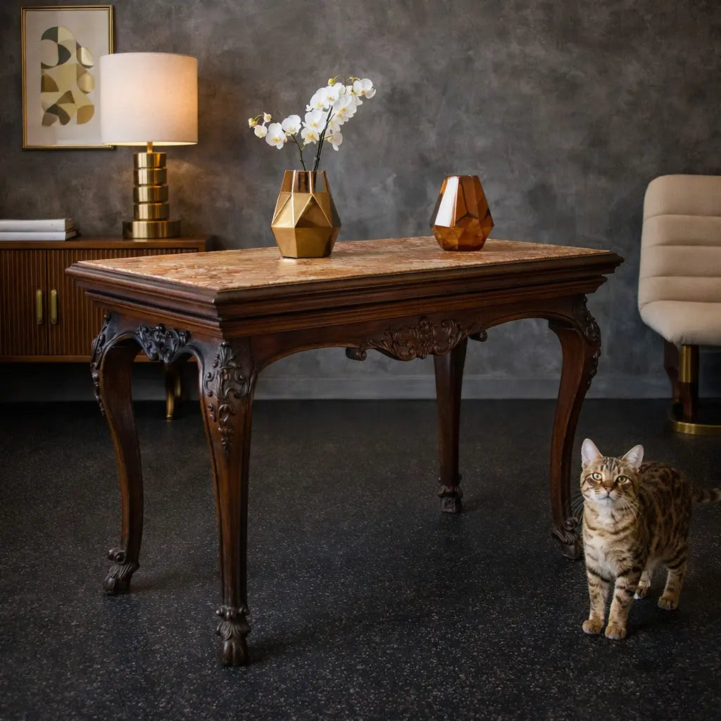 Baroque Walnut and Marble Table, Italy 17th Century