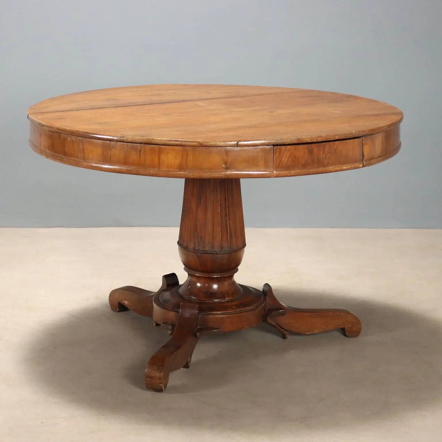 Antique Round Table Walnut Drawers Italy XIX Century