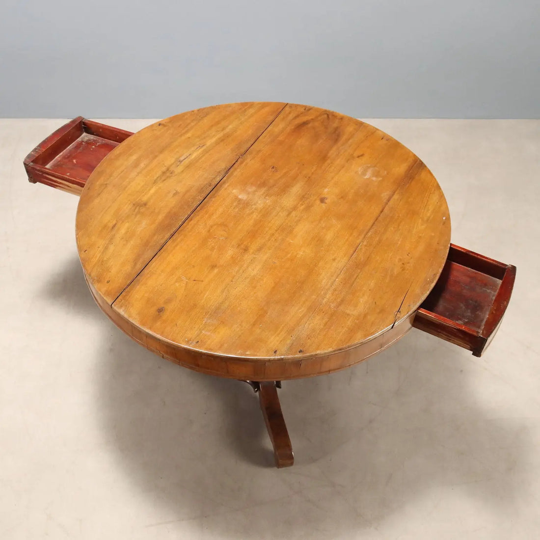 Antique Round Table Walnut Drawers Italy XIX Century