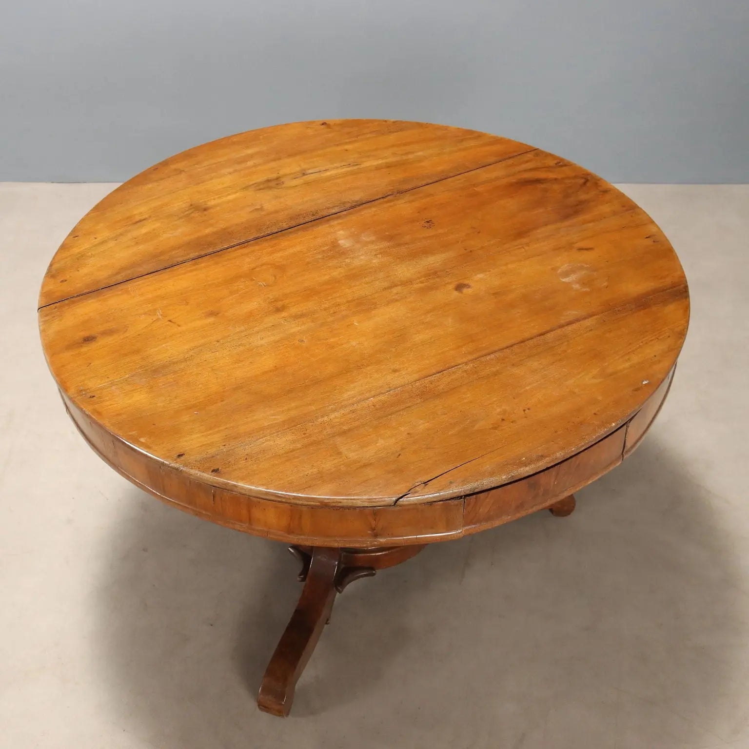 Antique Round Table Walnut Drawers Italy XIX Century