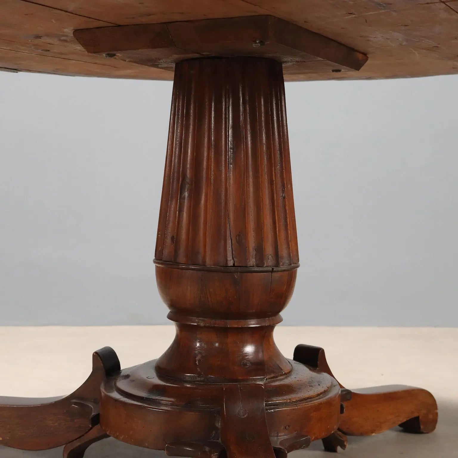 Antique Round Table Walnut Drawers Italy XIX Century