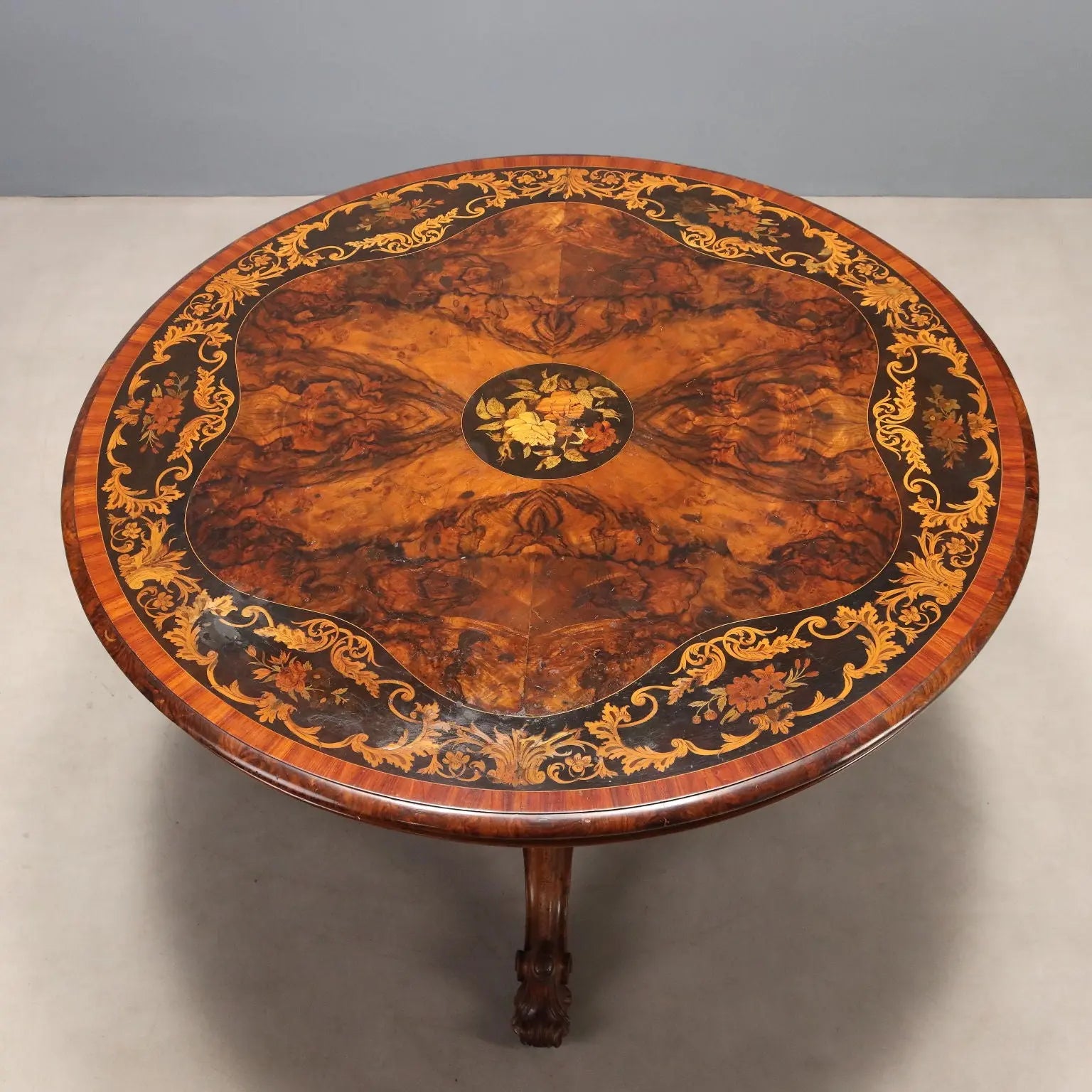 Antique Table Walnut Bois de Rose Floral Inlays Netherlands XIX Century