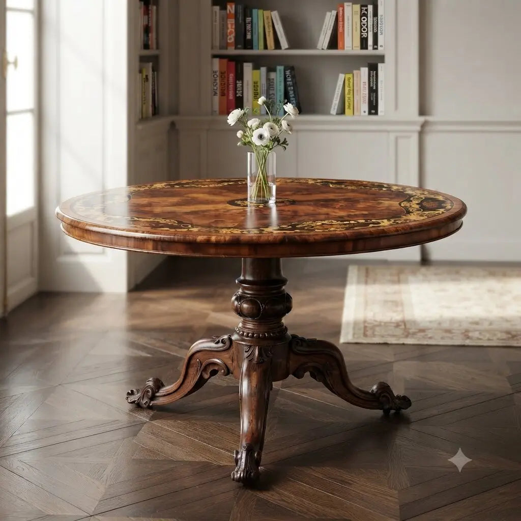 Antique Table Walnut Bois de Rose Floral Inlays Netherlands XIX Century