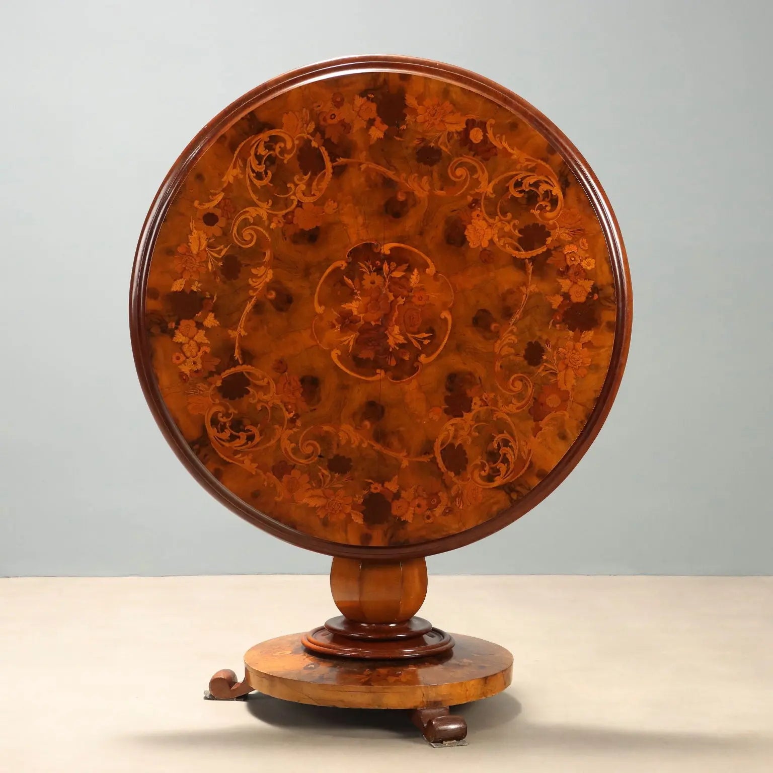Antique Table Walnut Burl Mahogany Inlays Netherlands XX Century