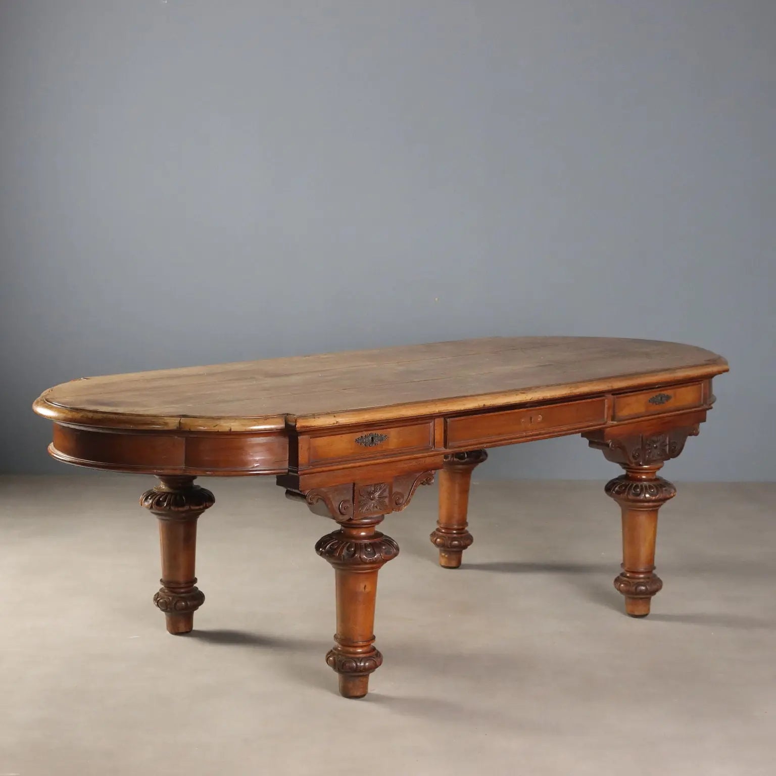 Antique Table Walnut Drawers Shaped Corners Italy XIX Century