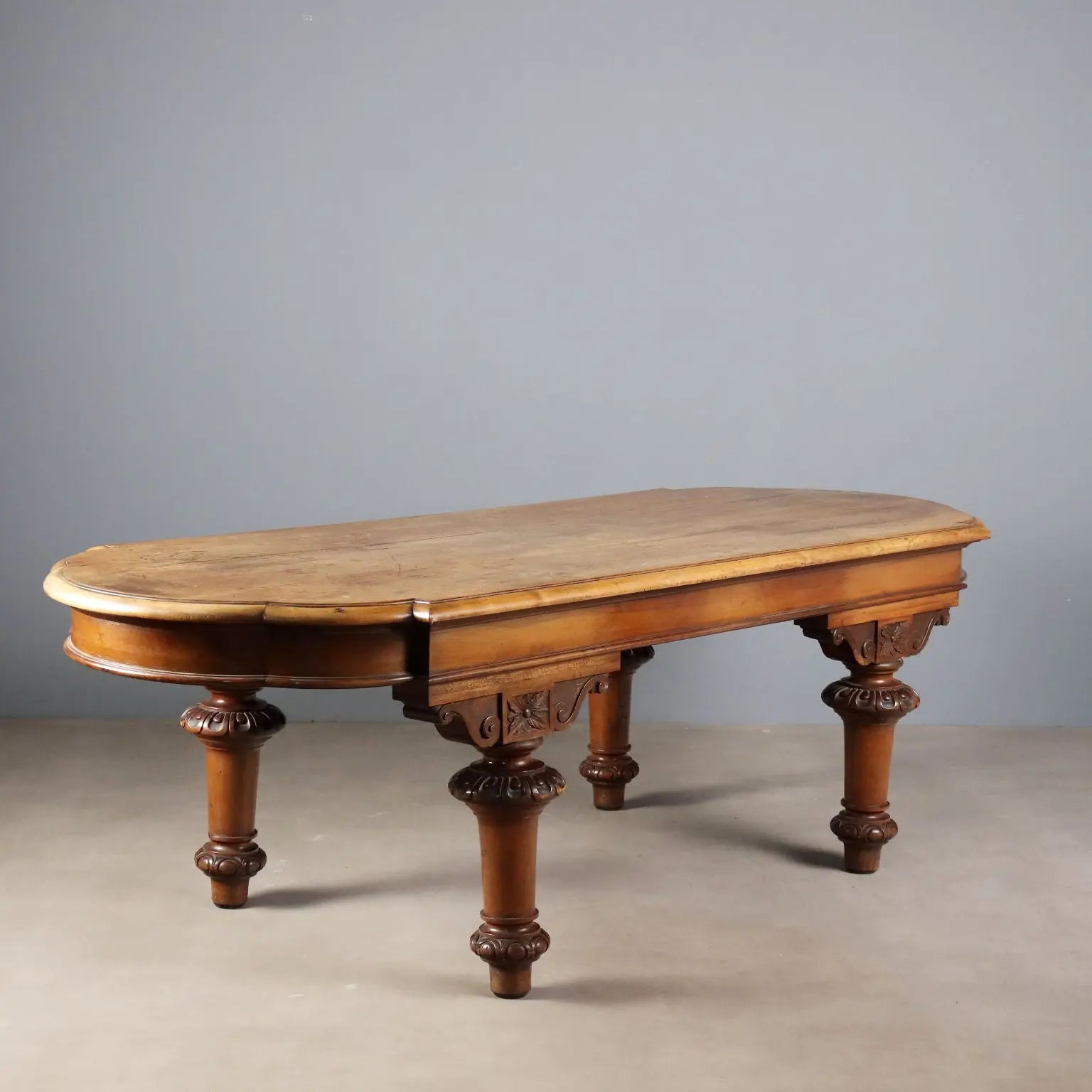 Antique Table Walnut Drawers Shaped Corners Italy XIX Century