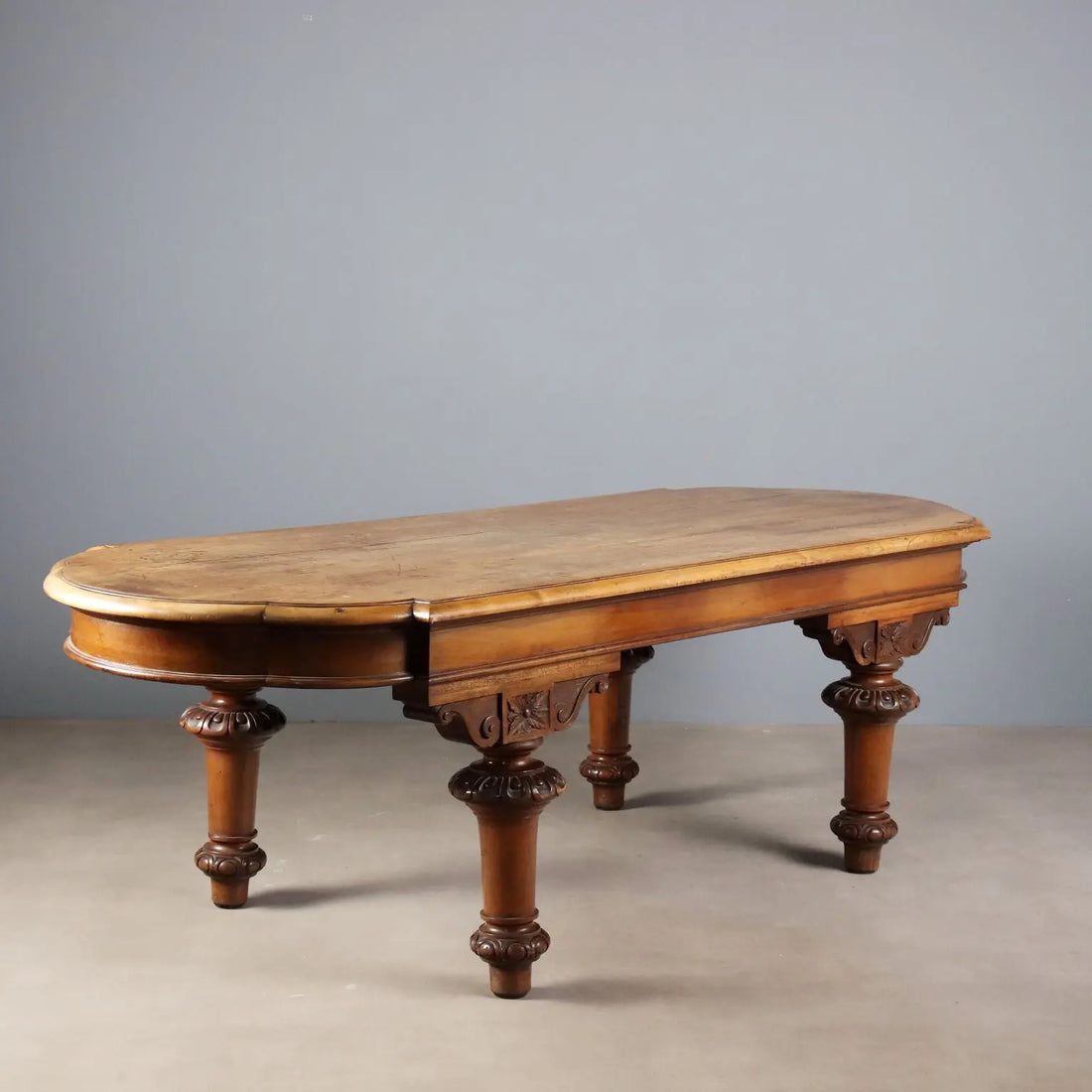 Antique Table Walnut Drawers Shaped Corners Italy XIX Century