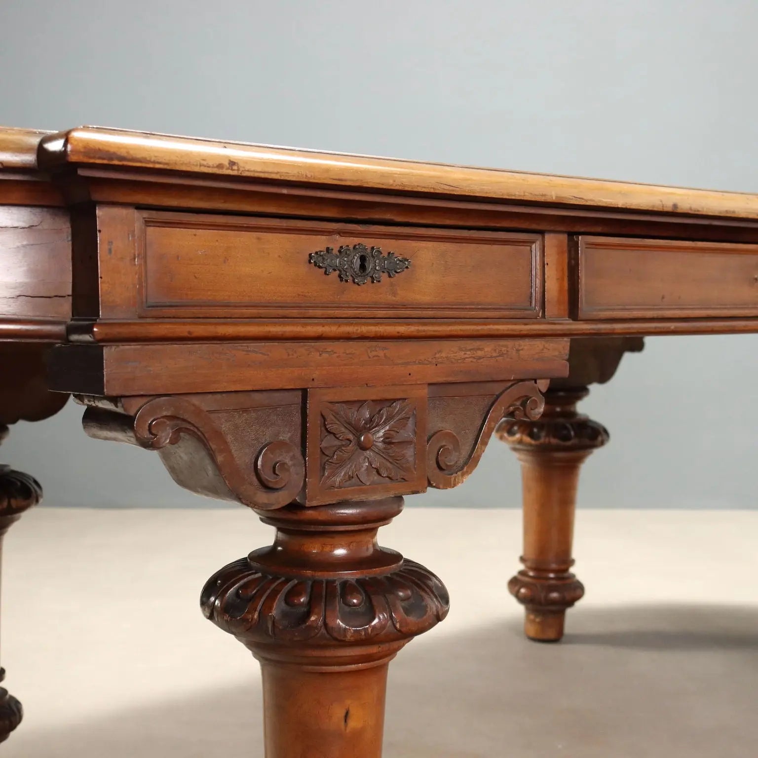 Antique Table Walnut Drawers Shaped Corners Italy XIX Century