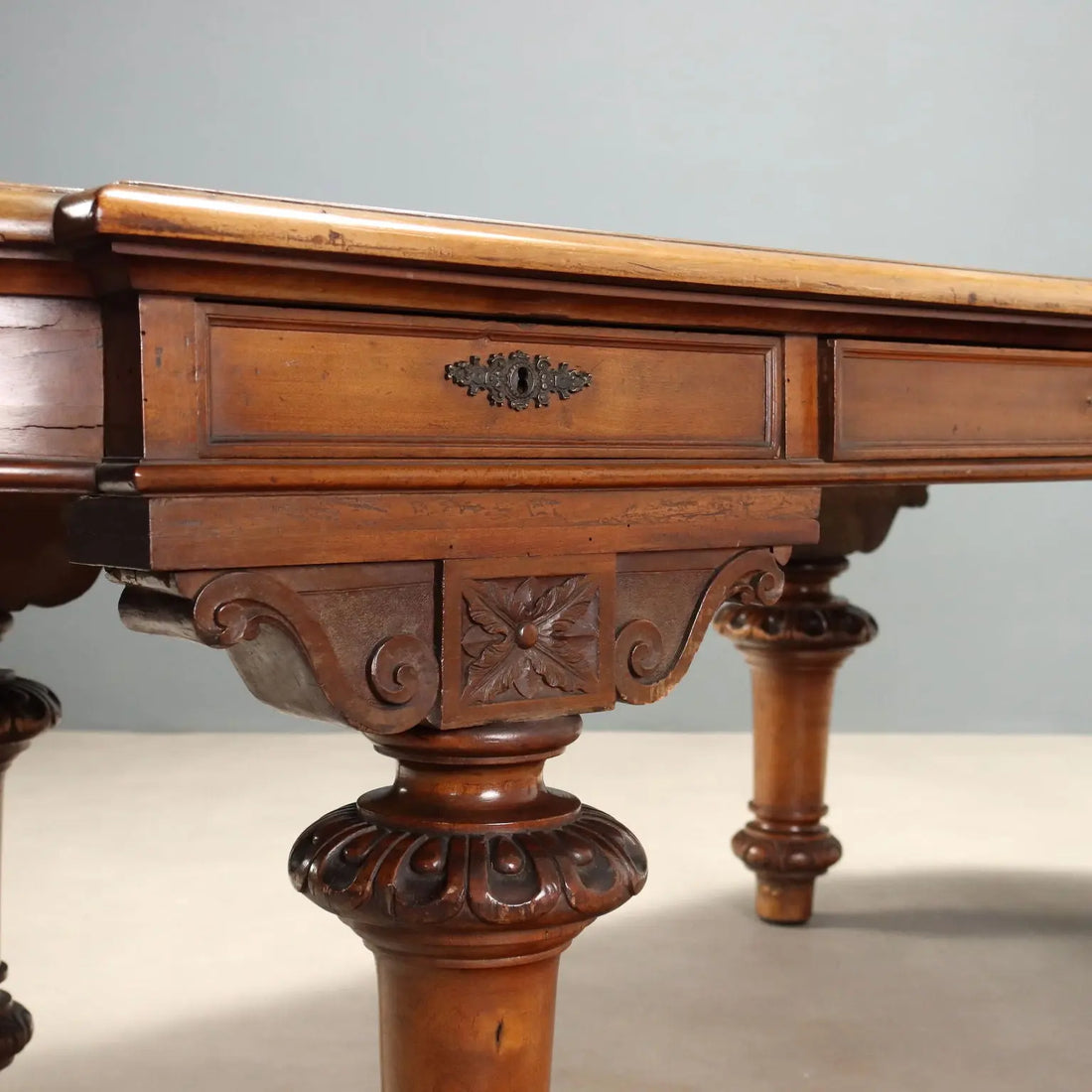 Antique Table Walnut Drawers Shaped Corners Italy XIX Century
