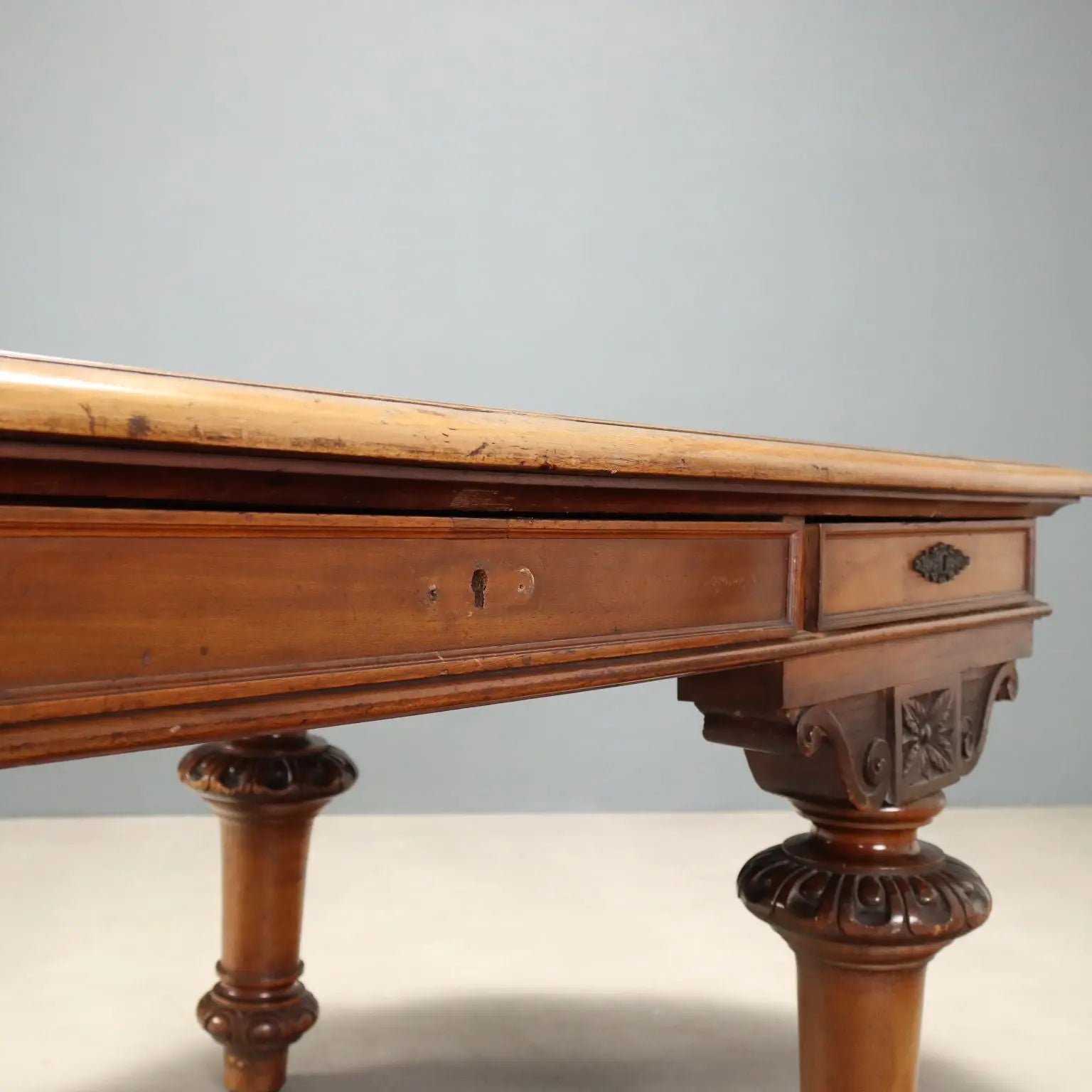 Antique Table Walnut Drawers Shaped Corners Italy XIX Century