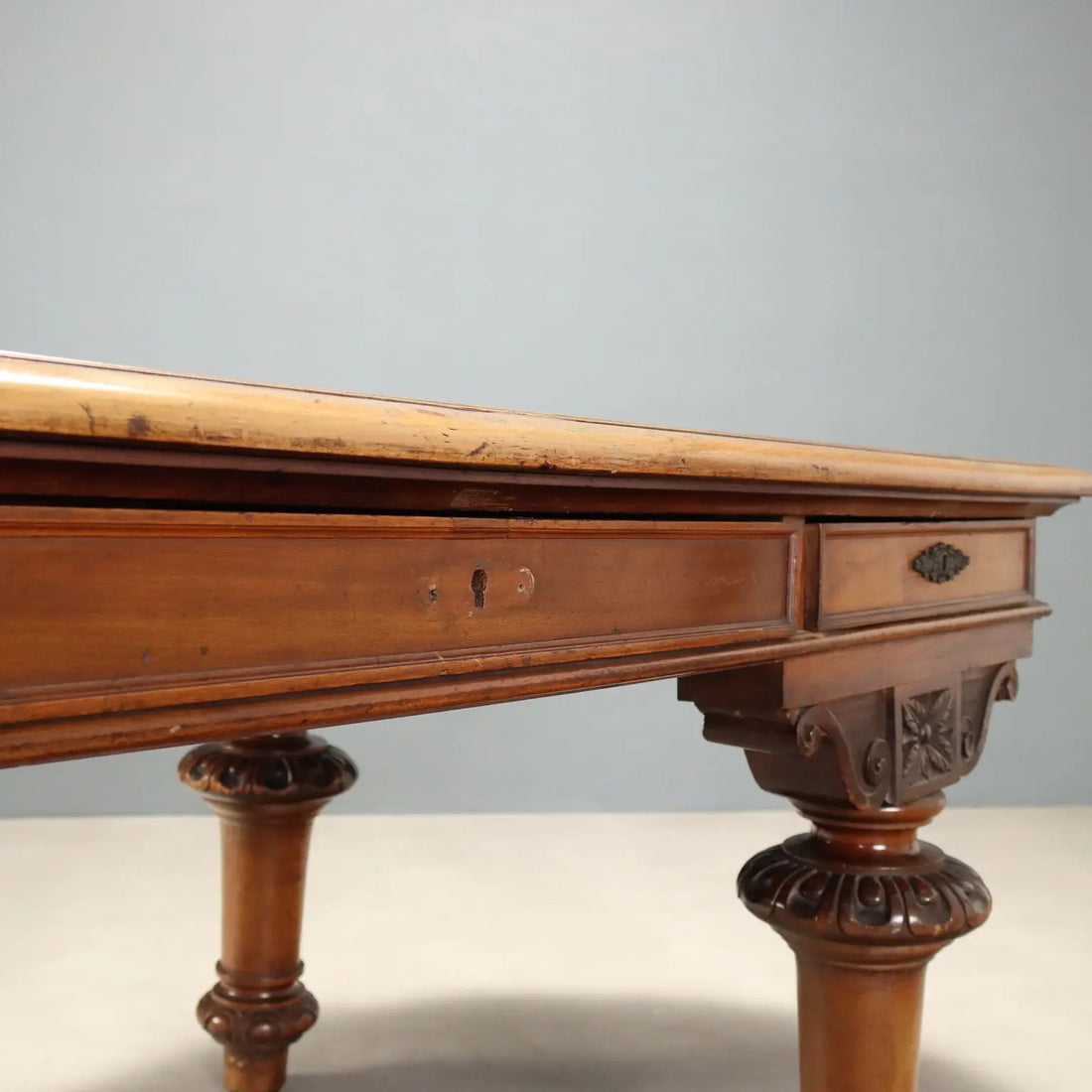 Antique Table Walnut Drawers Shaped Corners Italy XIX Century