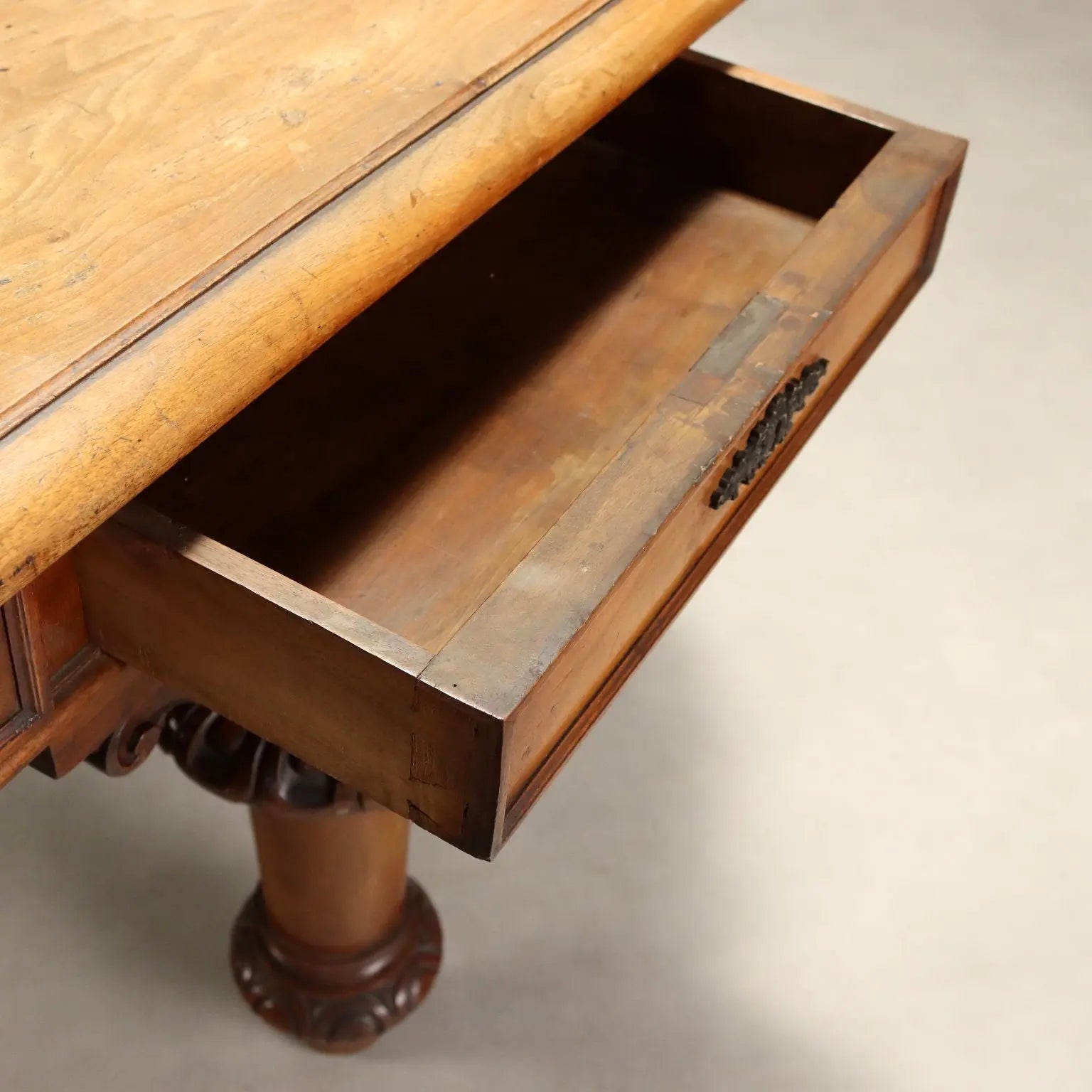 Antique Table Walnut Drawers Shaped Corners Italy XIX Century