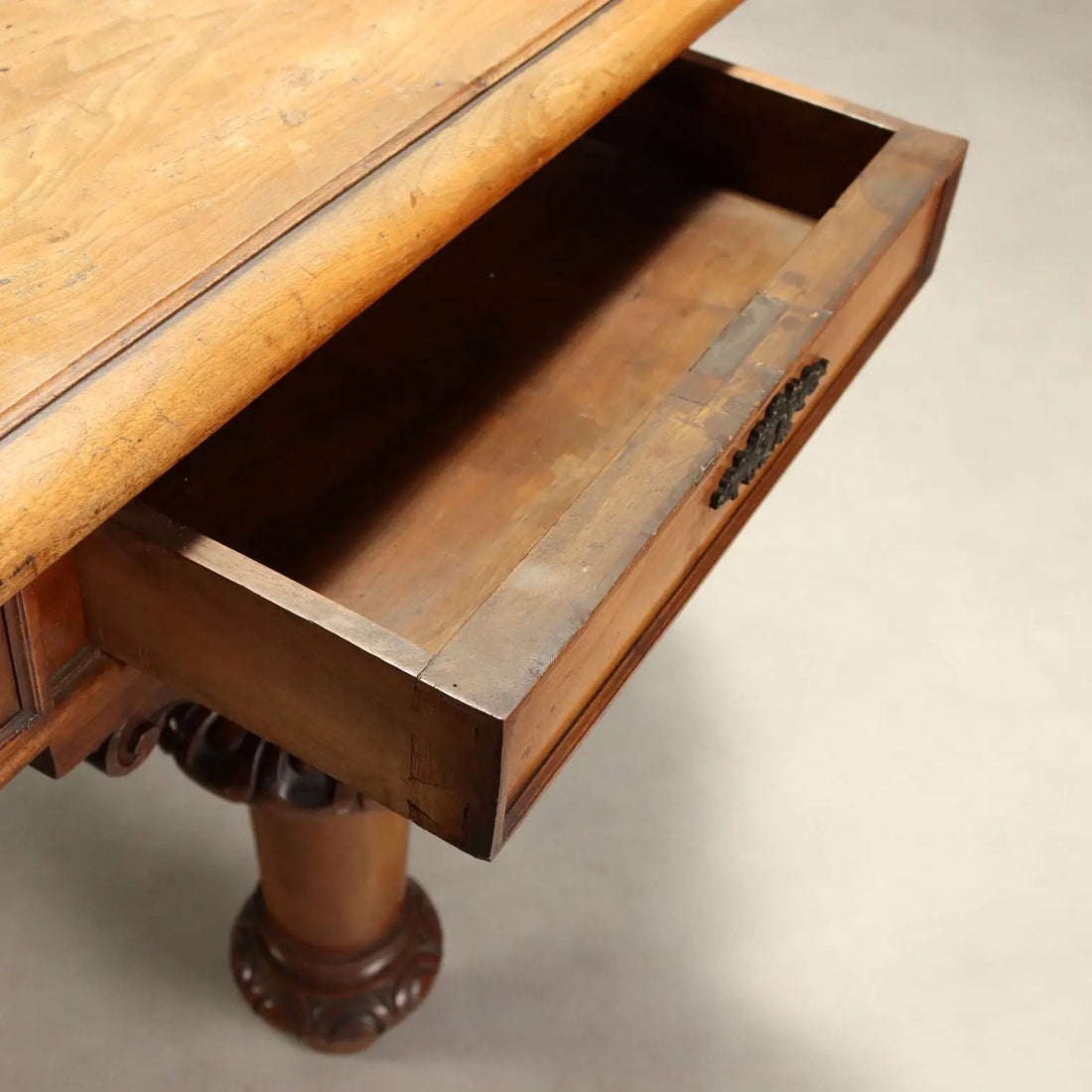 Antique Table Walnut Drawers Shaped Corners Italy XIX Century