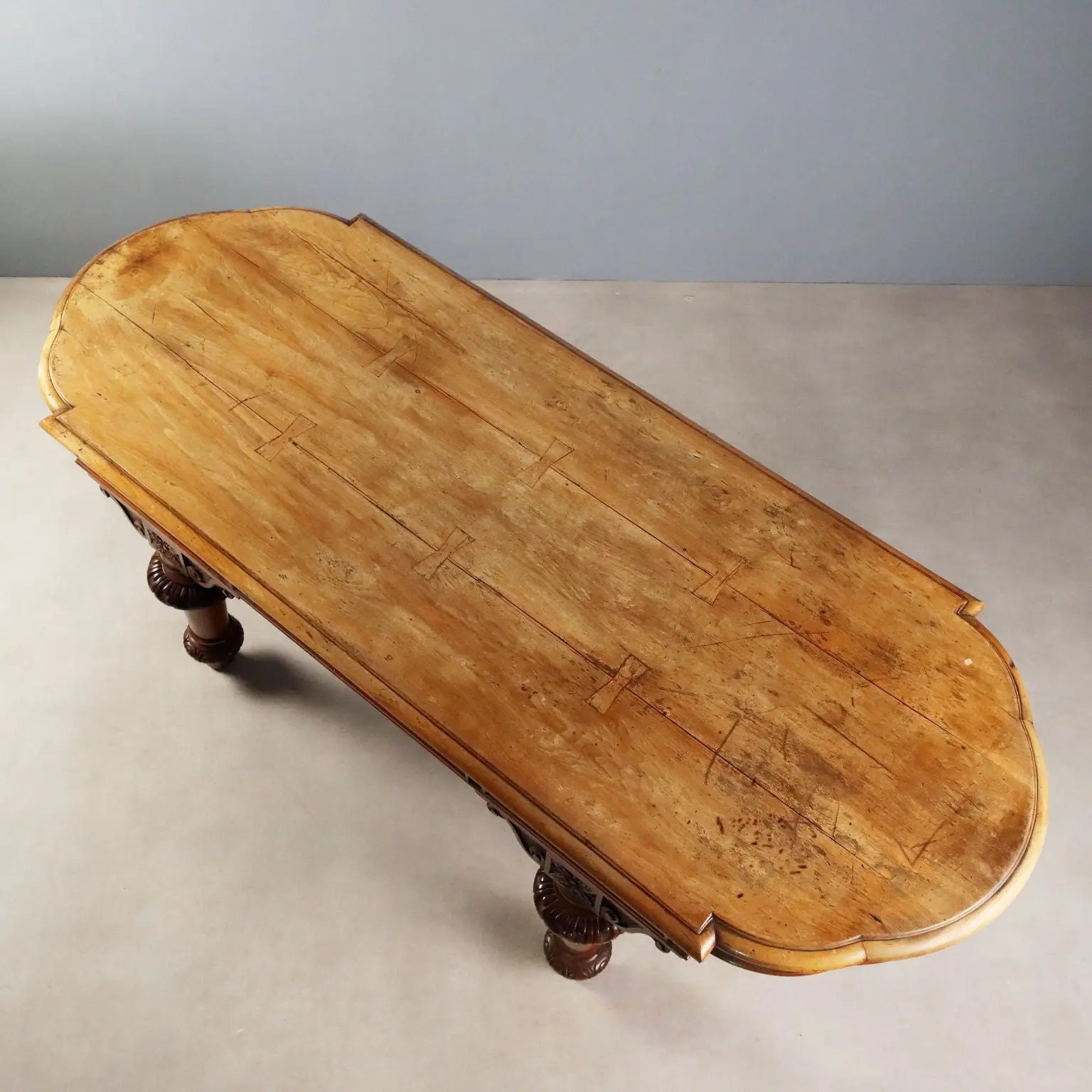 Antique Table Walnut Drawers Shaped Corners Italy XIX Century