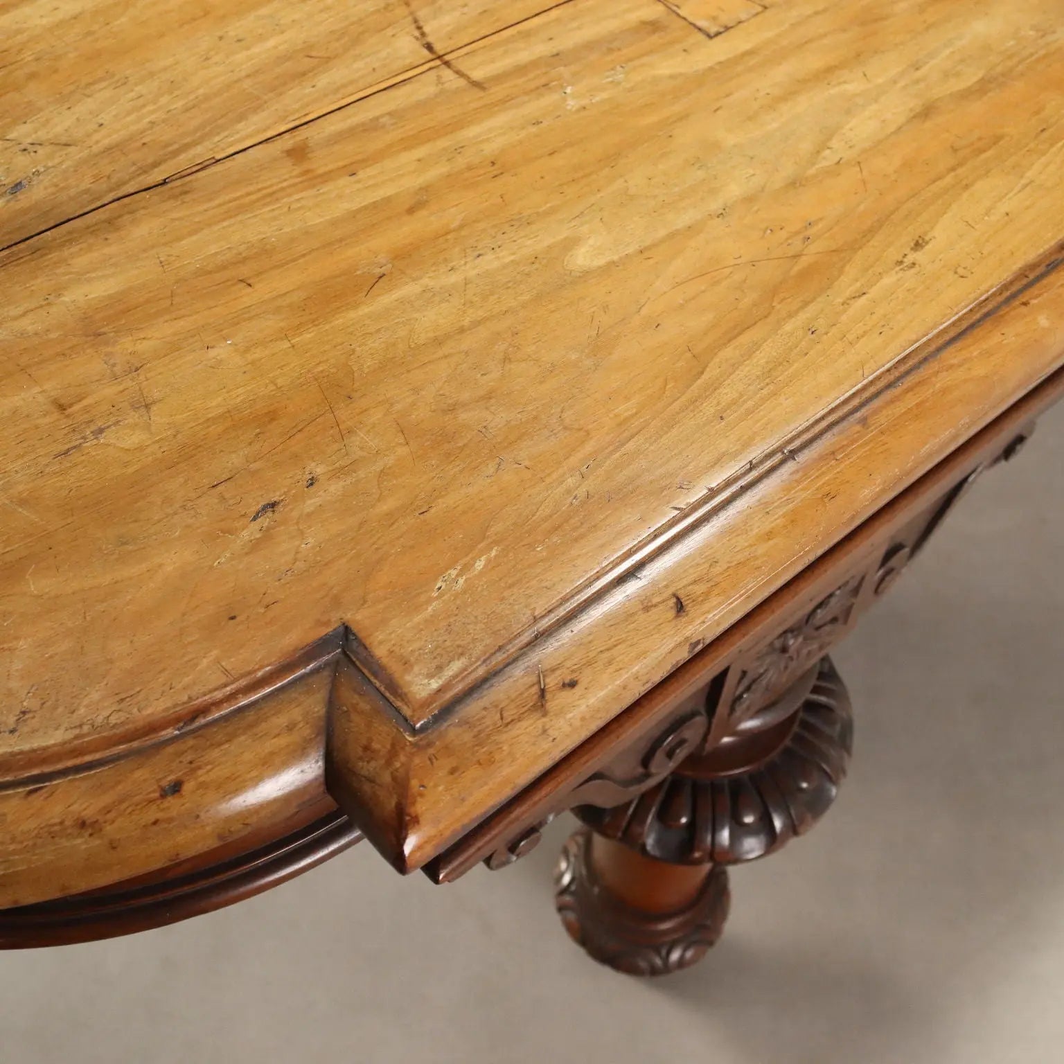 Antique Table Walnut Drawers Shaped Corners Italy XIX Century