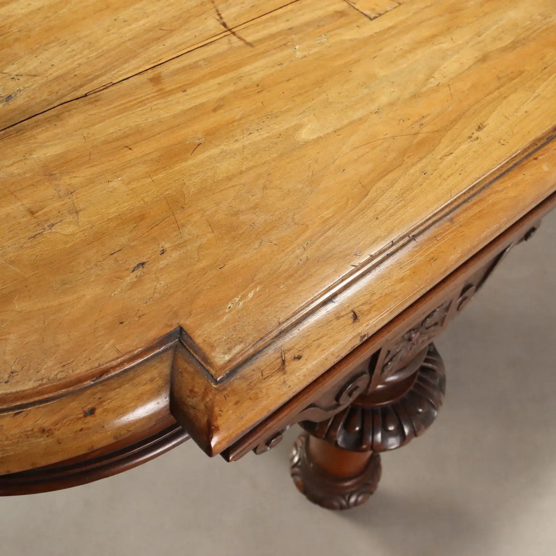 Antique Table Walnut Drawers Shaped Corners Italy XIX Century