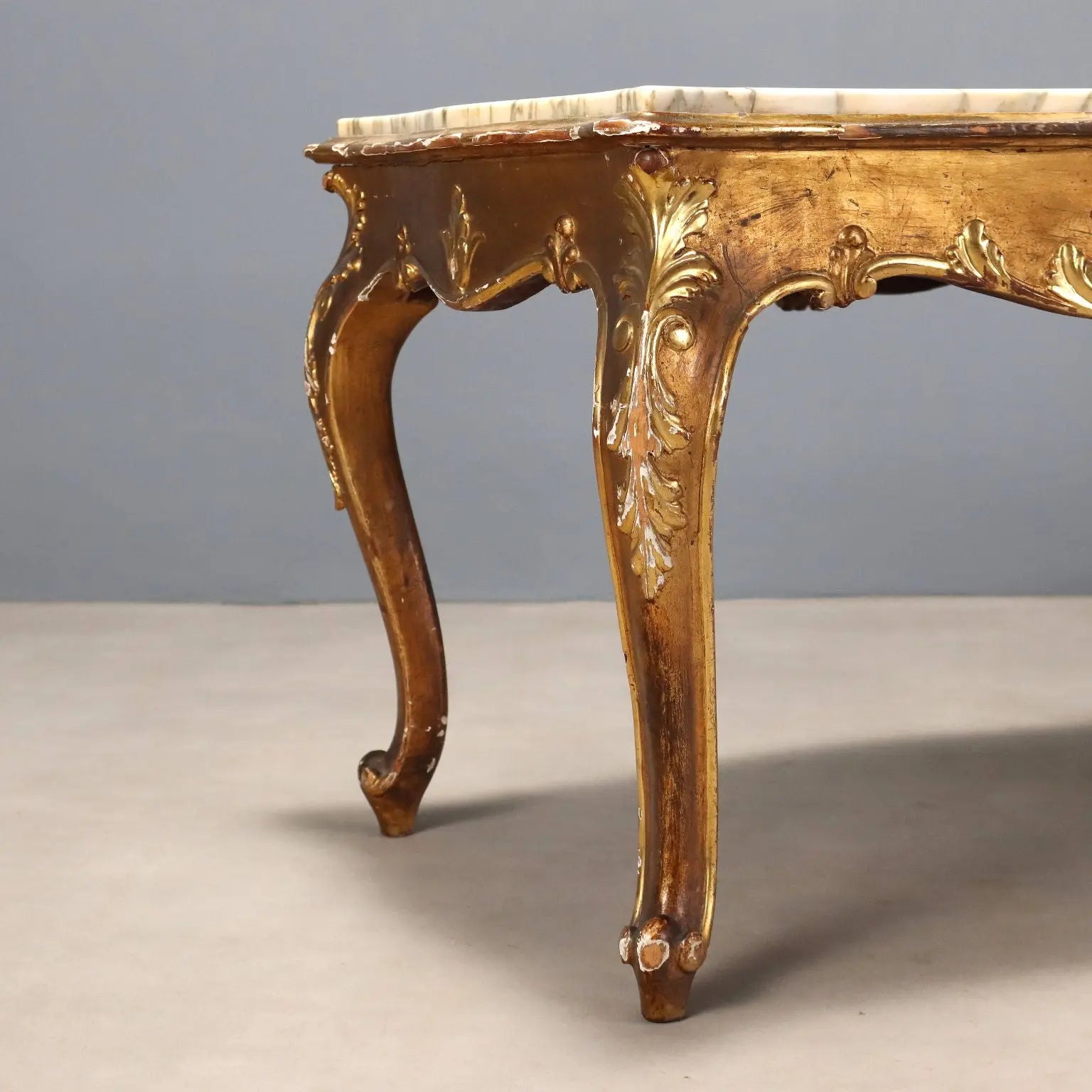 Small Antique Table Baroque Style Carved Fir Marble XIX Century