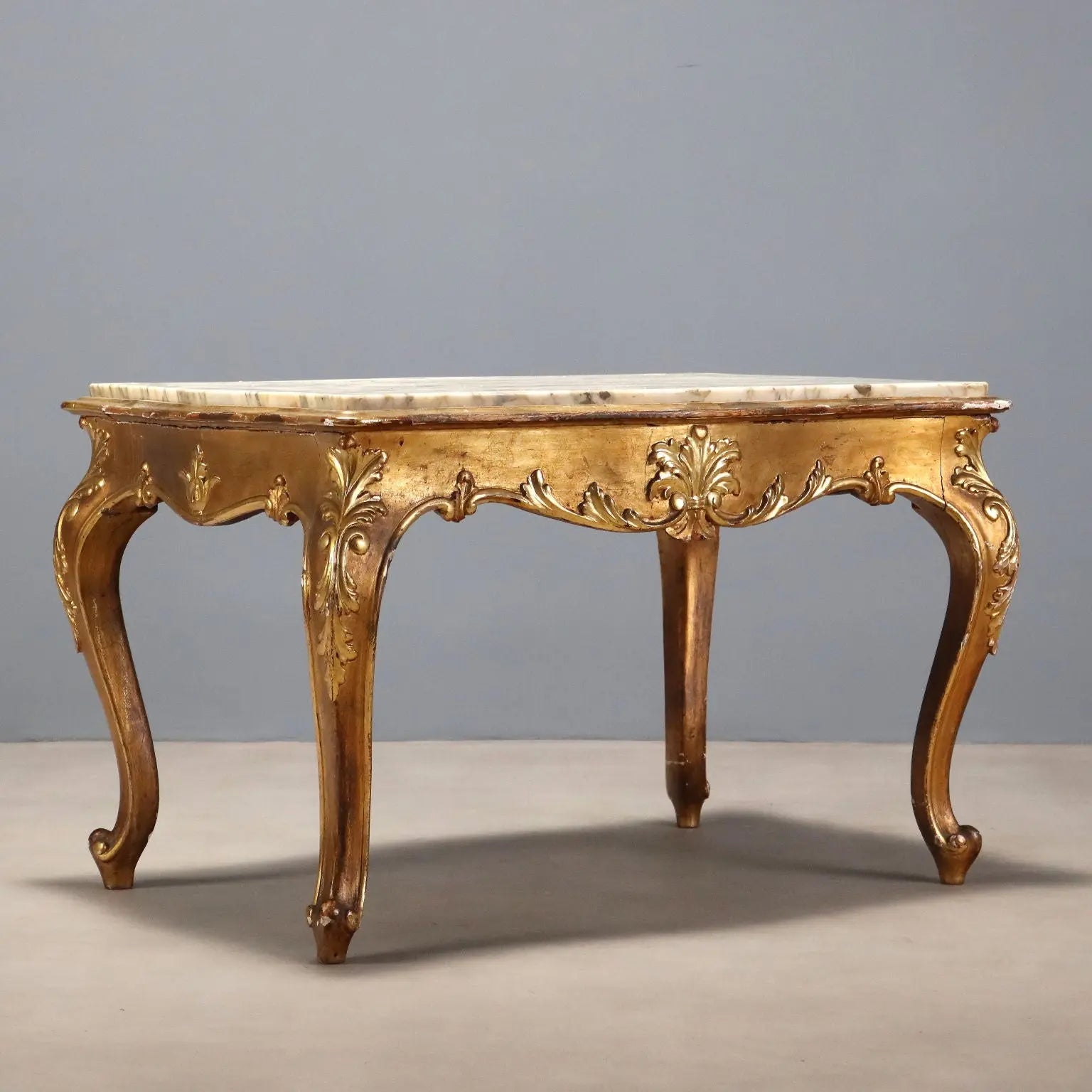 Small Antique Table Baroque Style Carved Fir Marble XIX Century