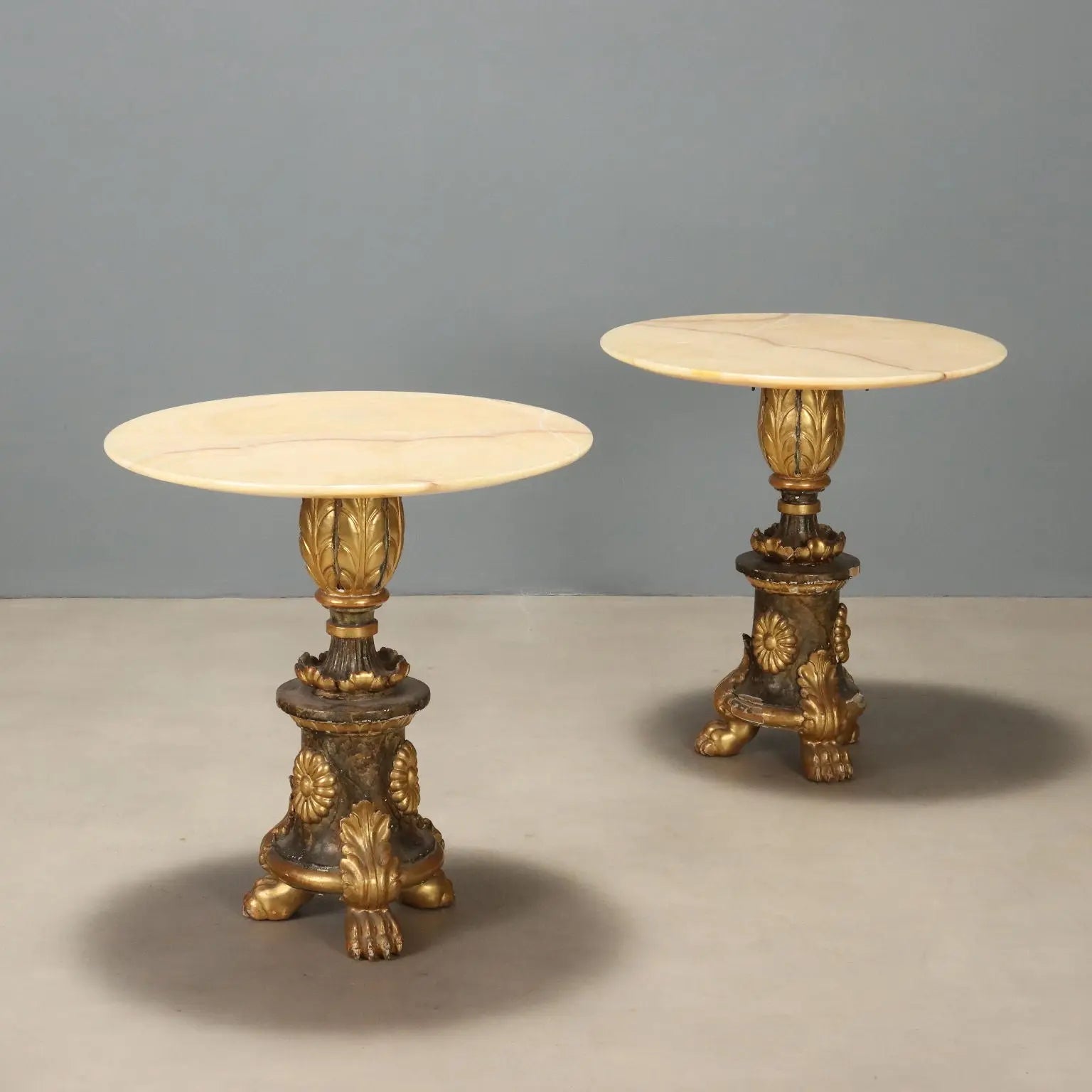 Pair of Alabaster and Carved Wood Tables