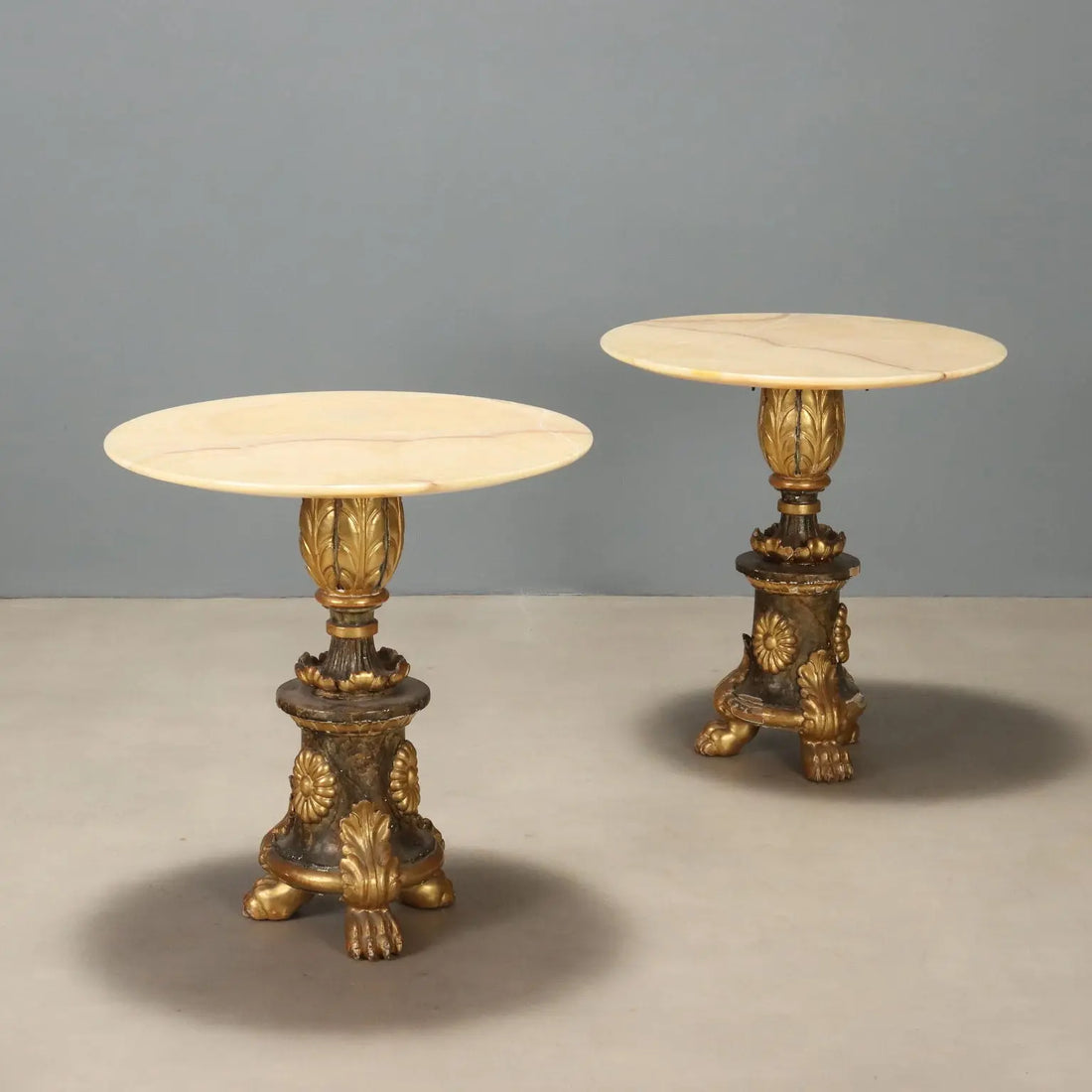 Pair of Alabaster and Carved Wood Tables