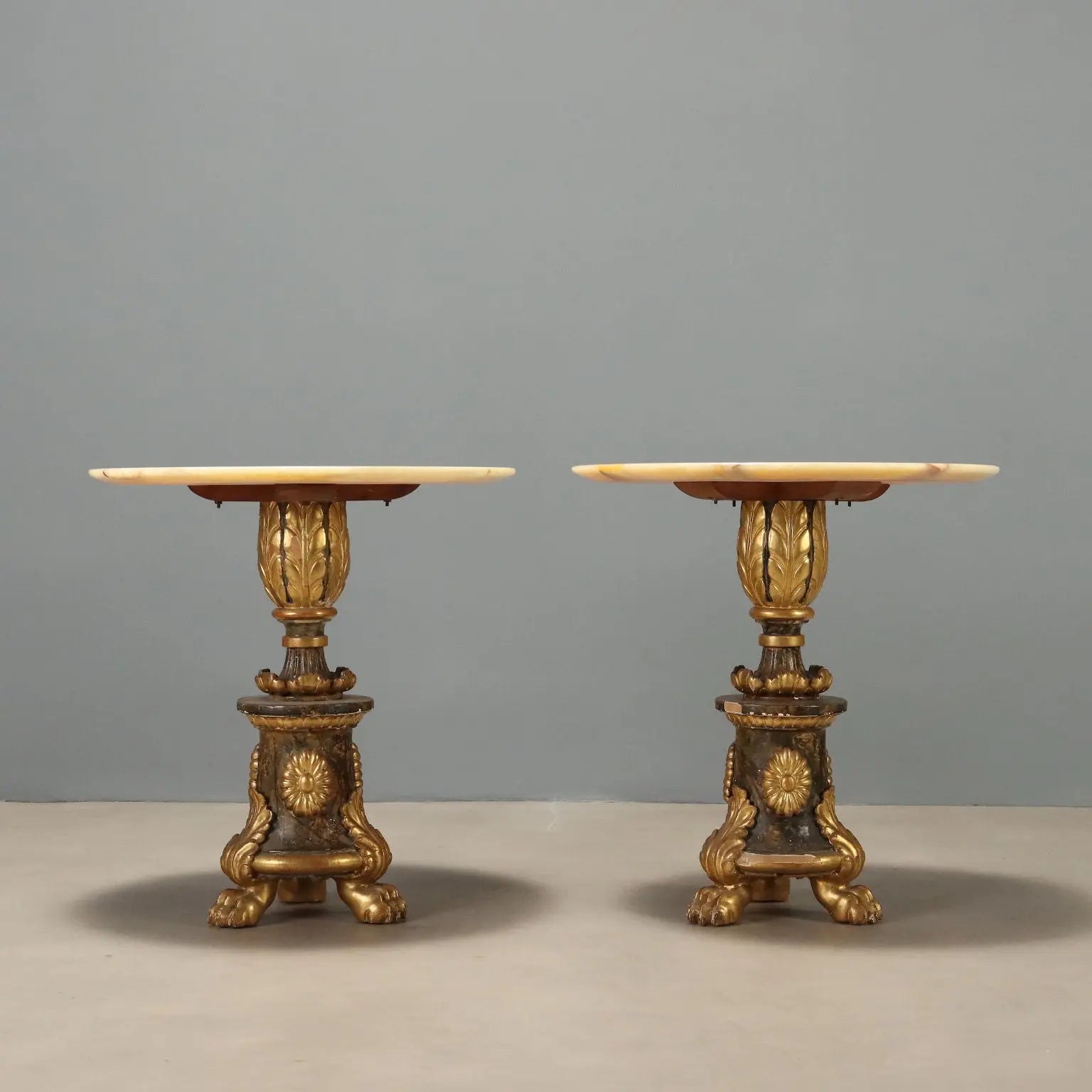 Pair of Alabaster and Carved Wood Tables