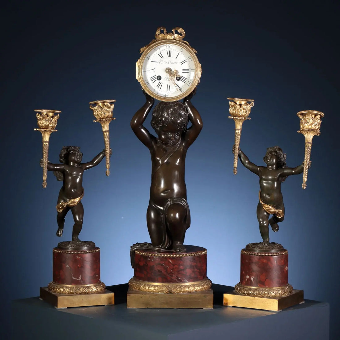 Bronze Triptych Clock and Candelabra - Lenoir Dasson