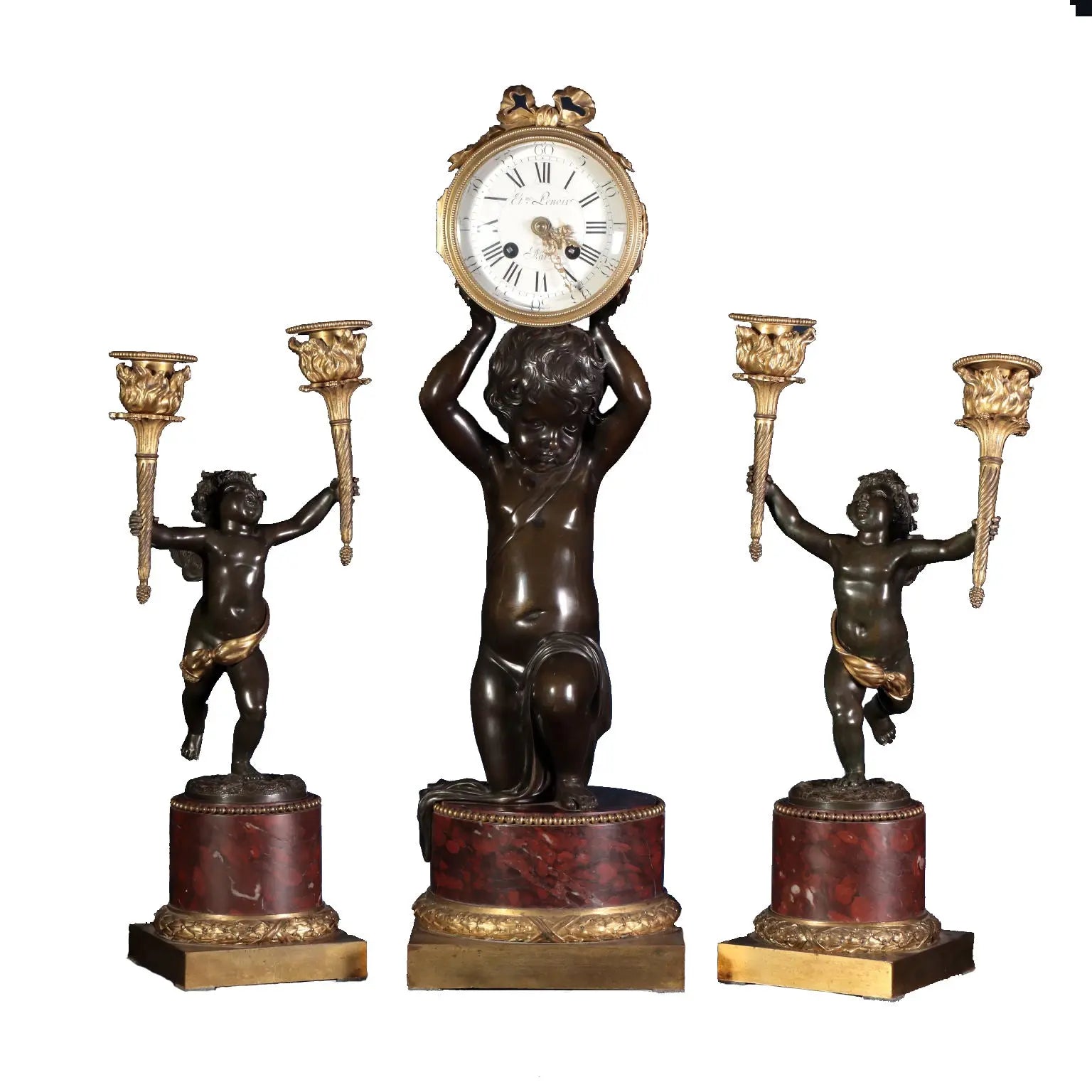 Bronze Triptych Clock and Candelabra - Lenoir Dasson