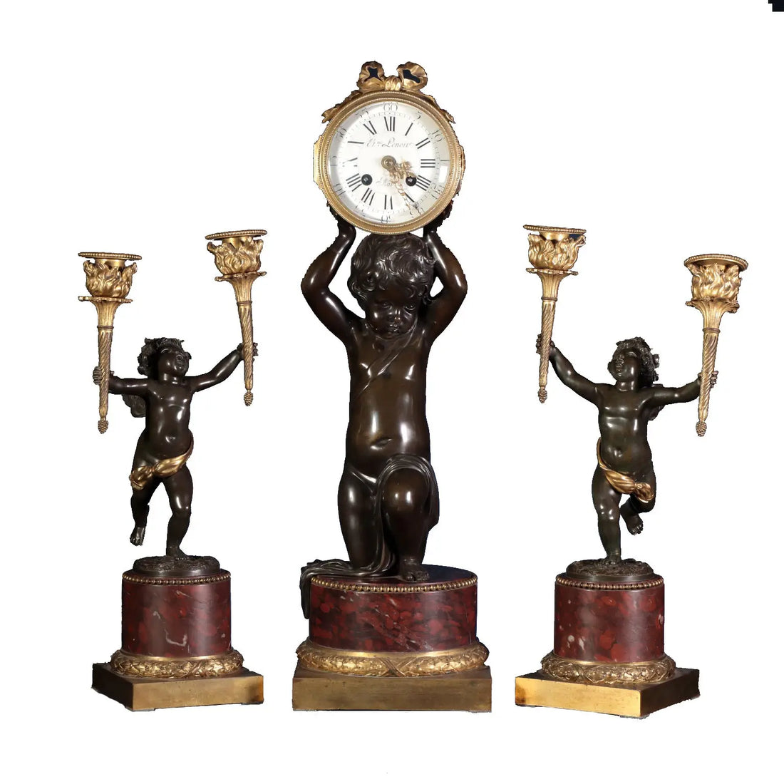 Bronze Triptych Clock and Candelabra - Lenoir Dasson