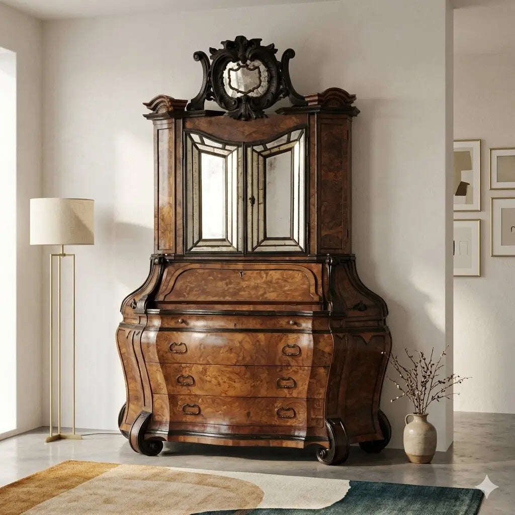 Large Walnut Burl Trumeau with Mirrors