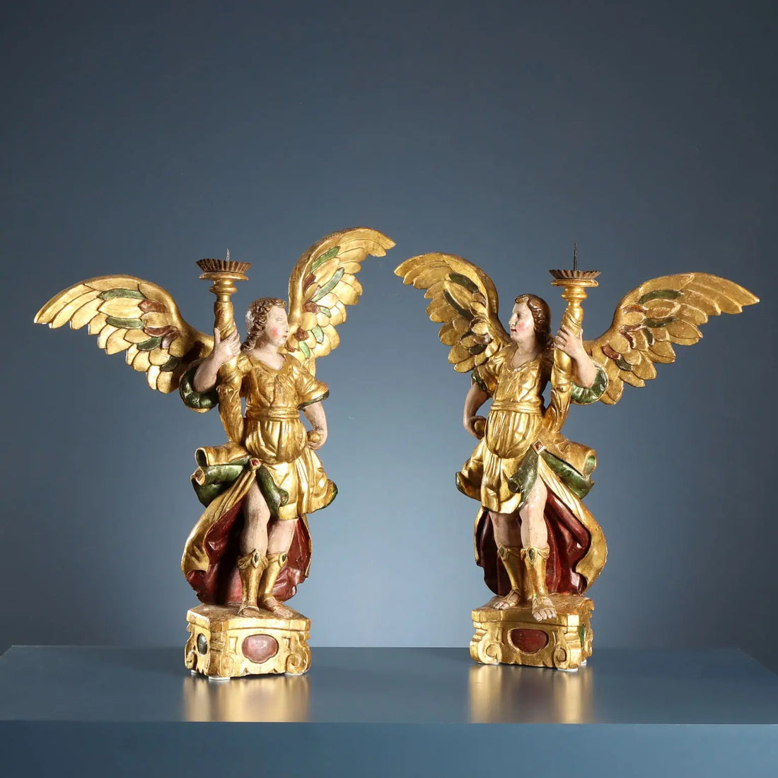Antique Angel-Shaped Candle Holders Carved Wood XVII Century