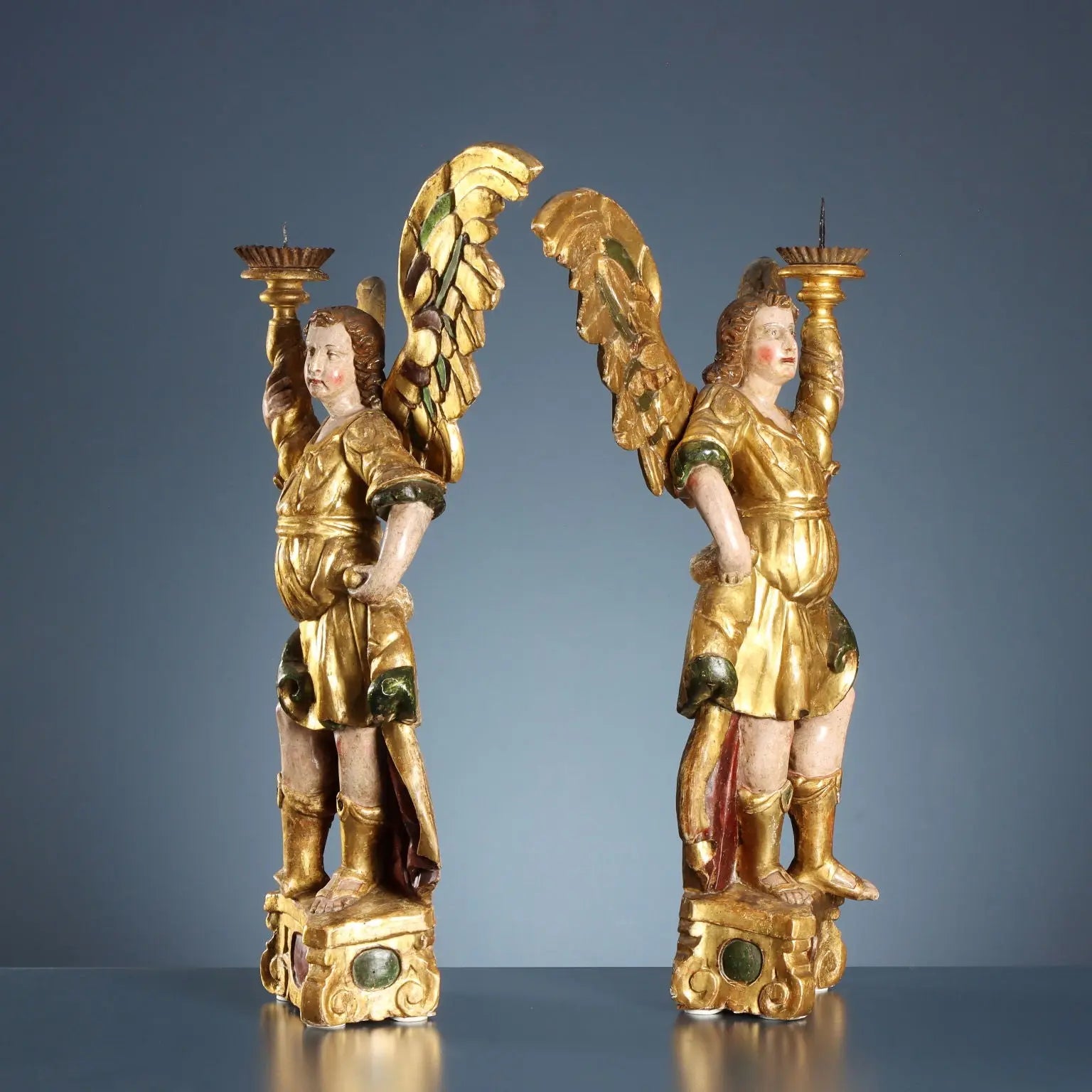 Antique Angel-Shaped Candle Holders Carved Wood XVII Century