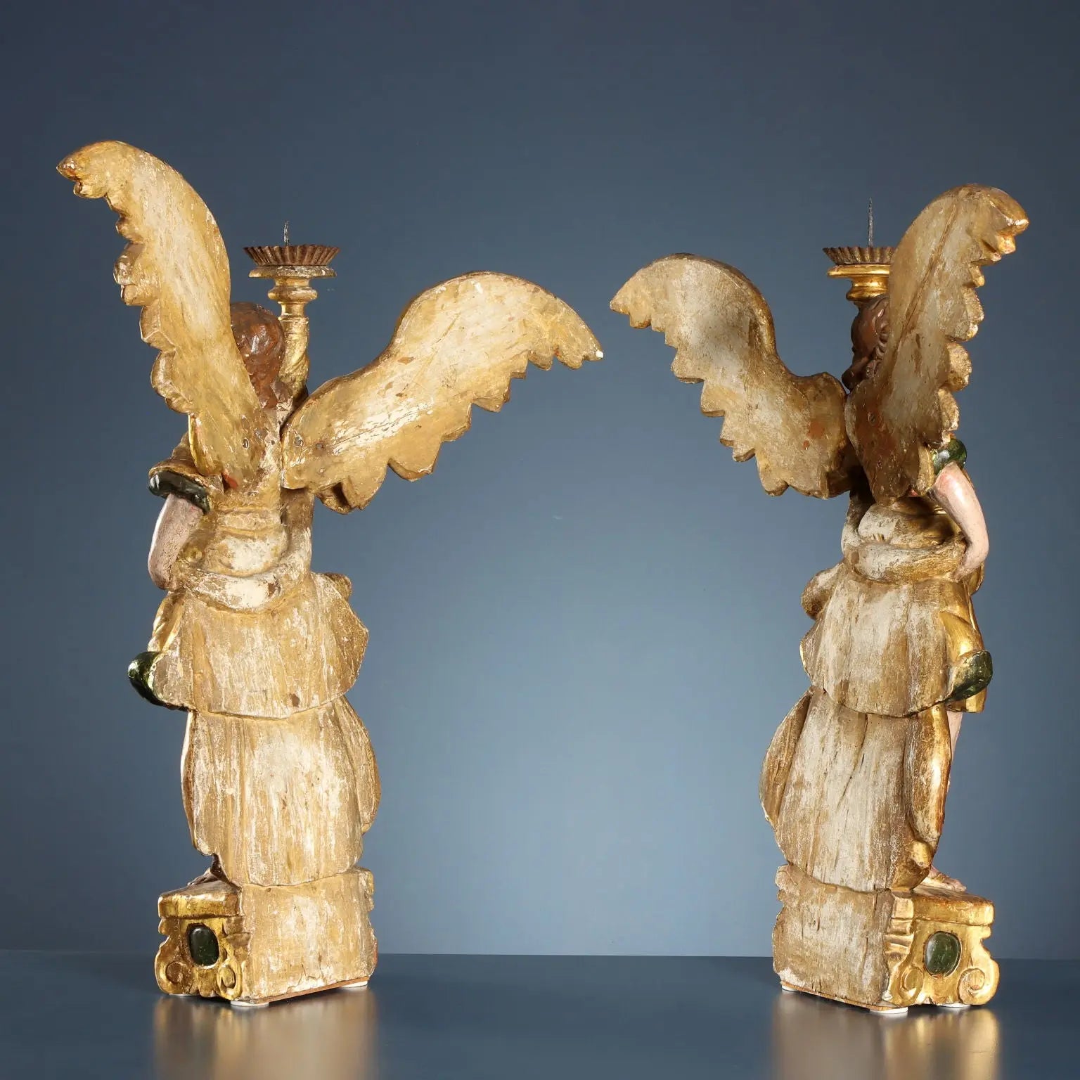 Antique Angel-Shaped Candle Holders Carved Wood XVII Century