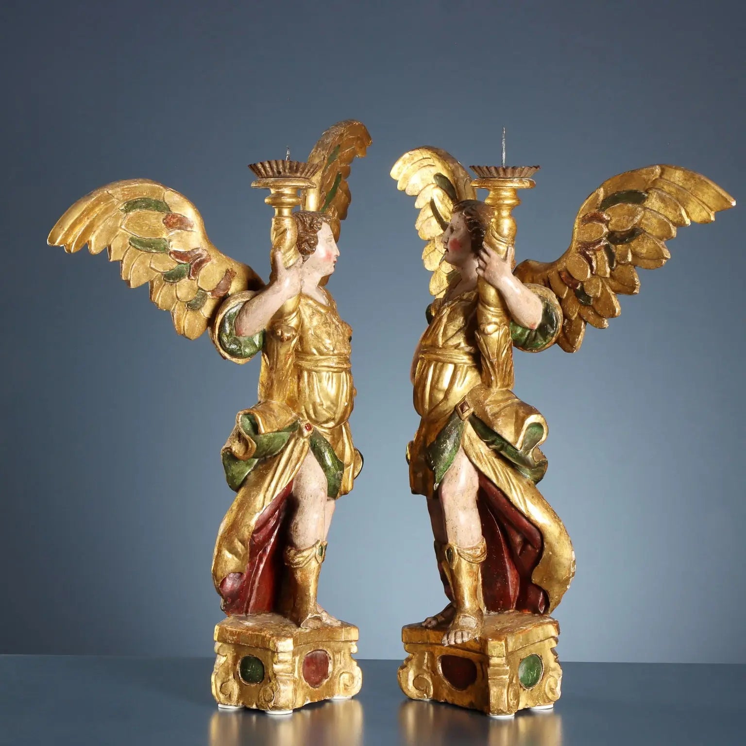 Antique Angel-Shaped Candle Holders Carved Wood XVII Century