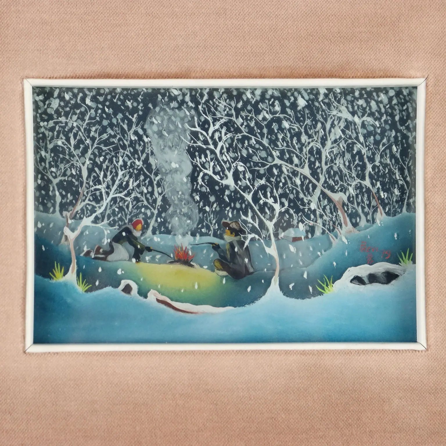 Contemporary Naif Painting M. Previ Oil on Glass 1979 - The Bonfire under the Snow, 1979 | Art | Contemporary Art