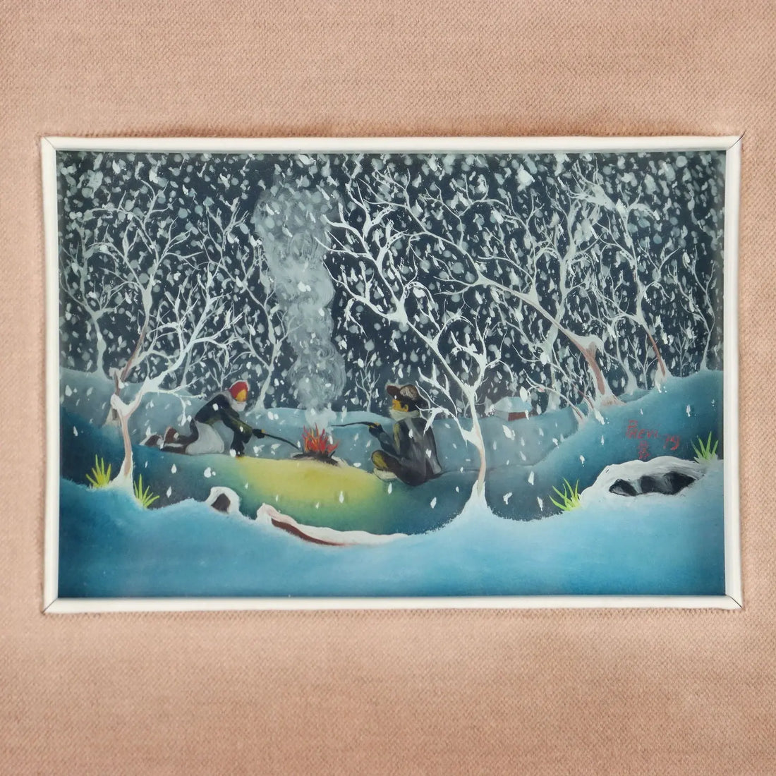 Contemporary Naif Painting M. Previ Oil on Glass 1979 - The Bonfire under the Snow, 1979 | Art | Contemporary Art