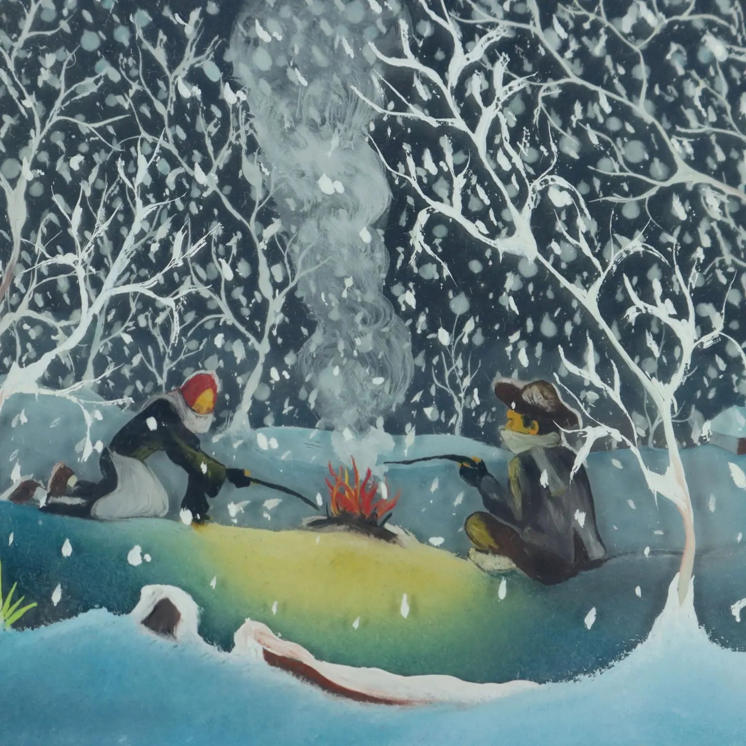 Contemporary Naif Painting M. Previ Oil on Glass 1979 - The Bonfire under the Snow, 1979 | Art | Contemporary Art