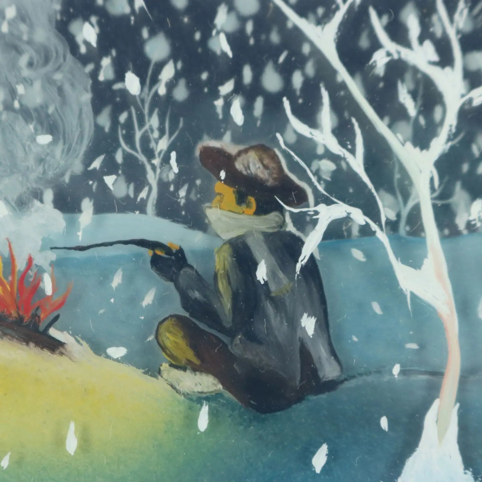 Contemporary Naif Painting M. Previ Oil on Glass 1979 - The Bonfire under the Snow, 1979 | Art | Contemporary Art