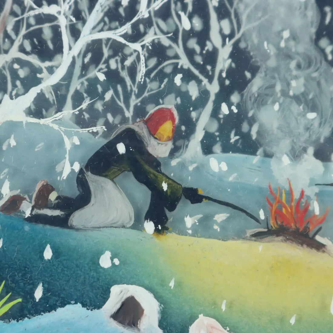 Contemporary Naif Painting M. Previ Oil on Glass 1979 - The Bonfire under the Snow, 1979 | Art | Contemporary Art