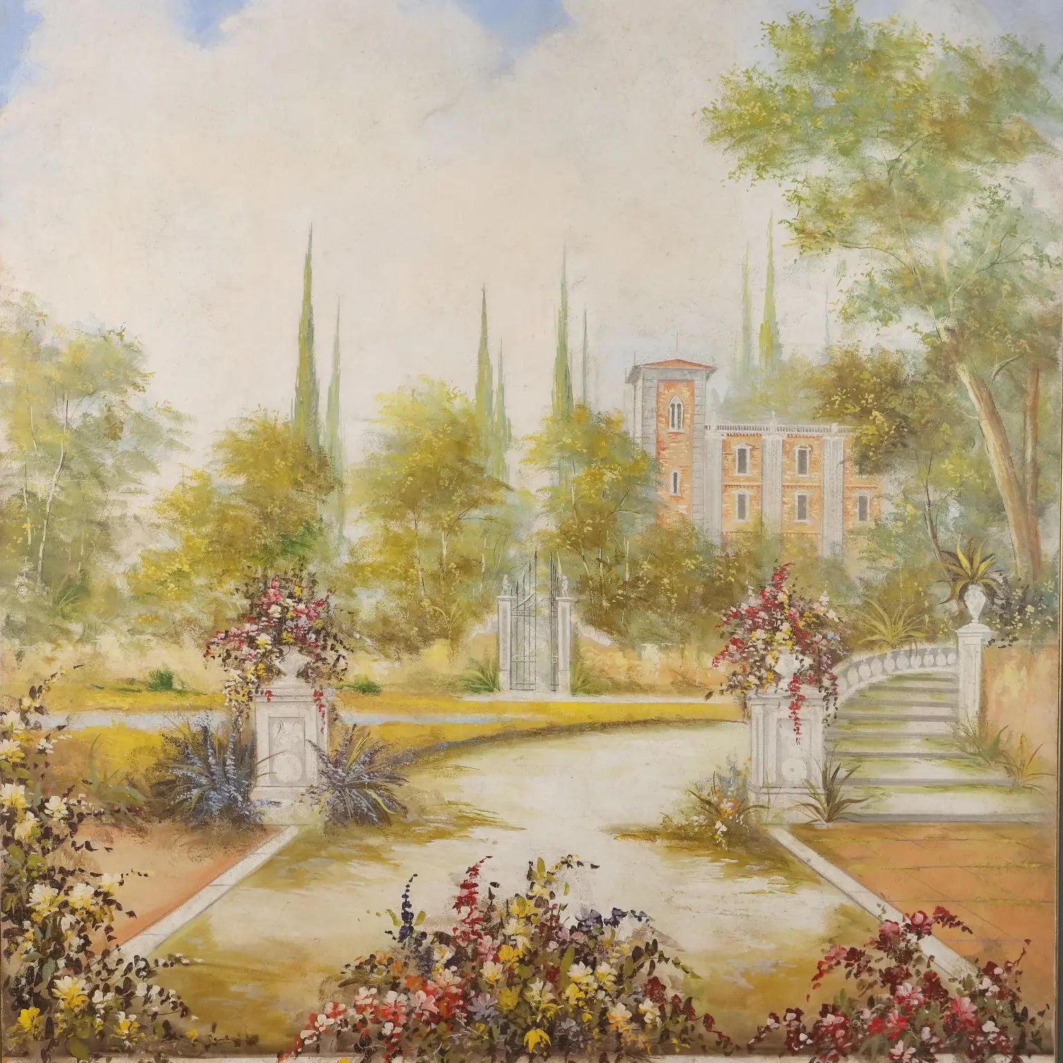 Contemporary Painting Villa with Garden Mixed Technique '900