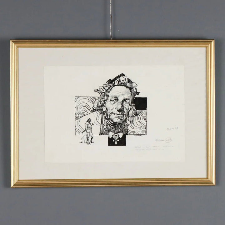 Contemporary Drawing Signed Sergio Toppi Mixed Technique XX Century