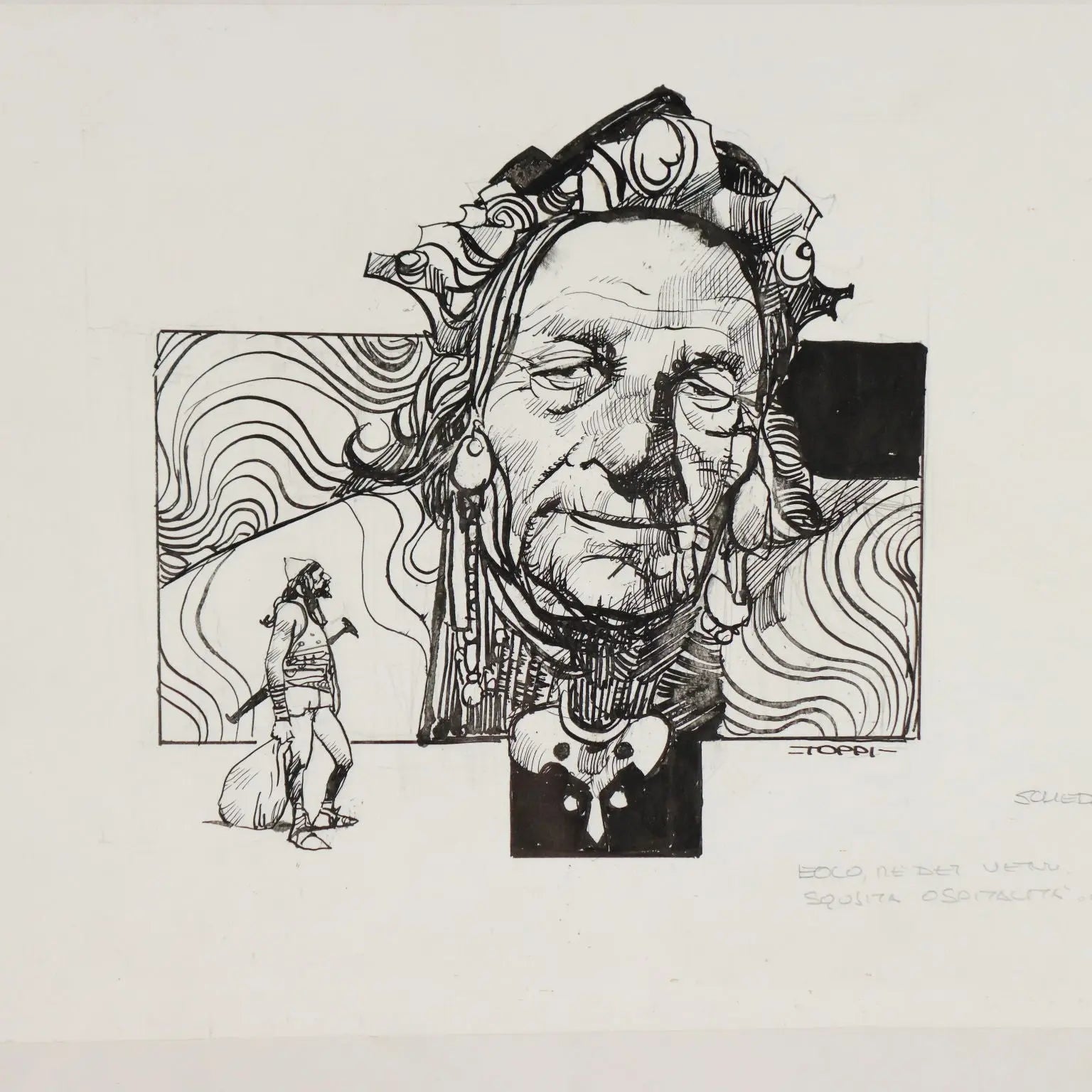 Contemporary Drawing Signed Sergio Toppi Mixed Technique XX Century