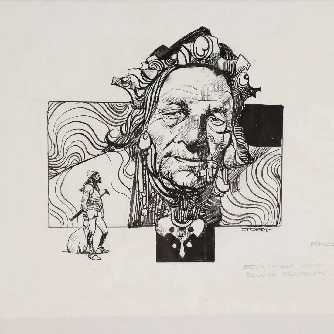Contemporary Drawing Signed Sergio Toppi Mixed Technique XX Century