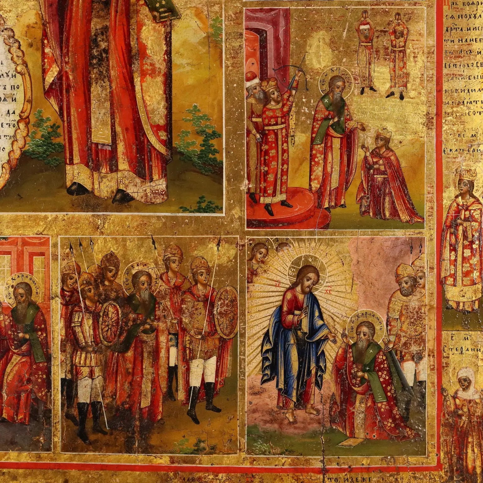 Antique Russian Icon The Twelve Feasts Tempera on Board XIX Century
