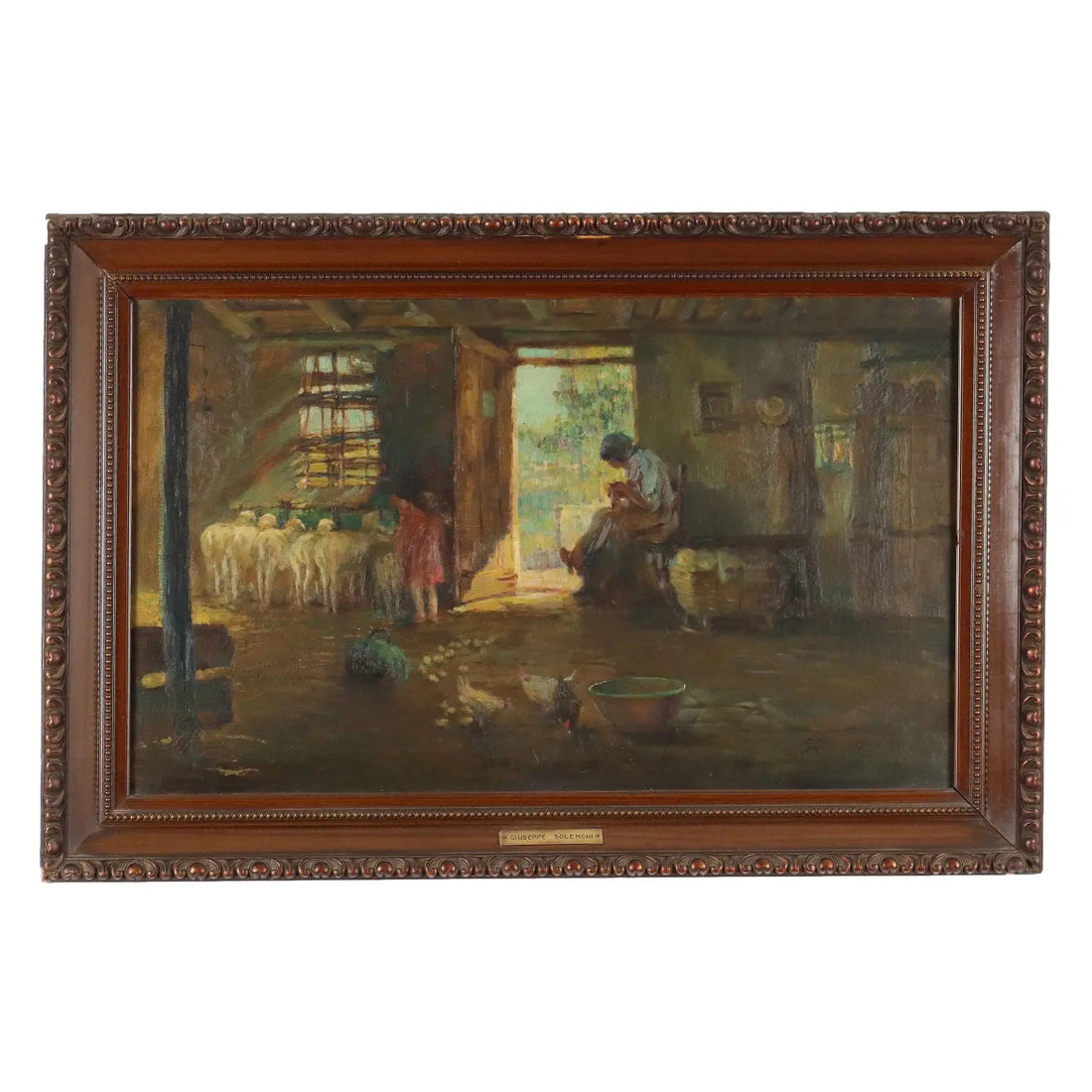 G. Solenghi Antique Painting Interior with Figures Oil on Canvas 1917 - Interior with Figures and Animals, 1917 | Art | 20th Century