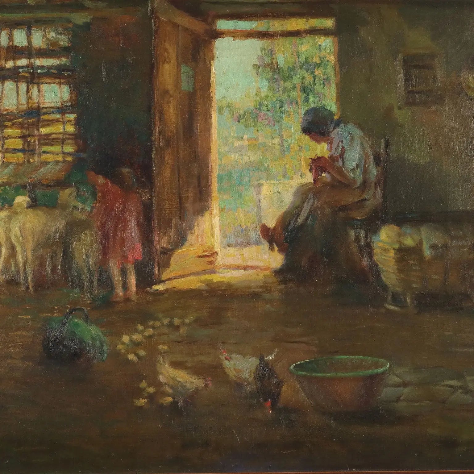 G. Solenghi Antique Painting Interior with Figures Oil on Canvas 1917 - Interior with Figures and Animals, 1917 | Art | 20th Century