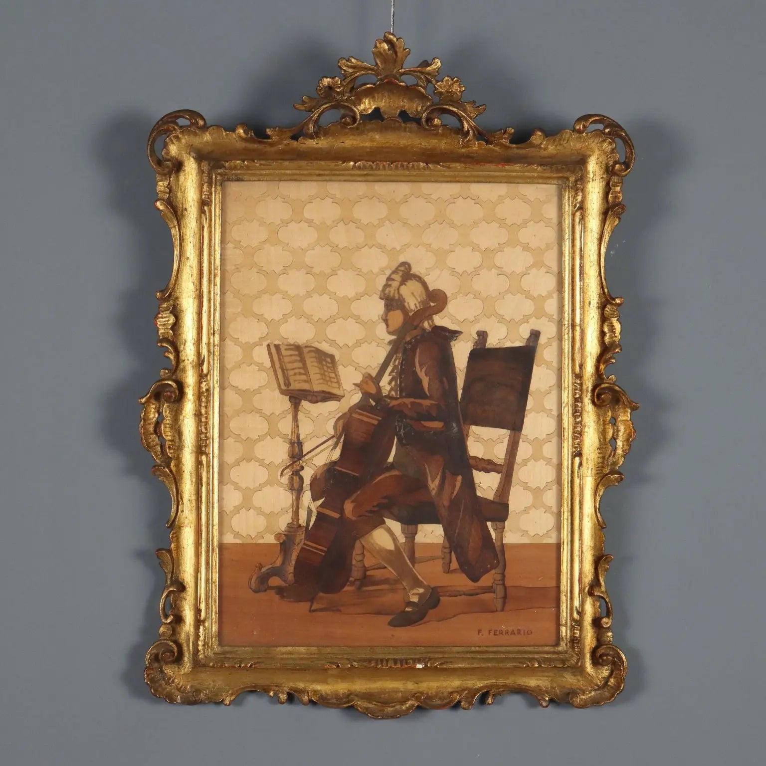The Cellist Inlay Painting Signed Francesco Ferrario Italy 1930 ca. | Art | 20th Century