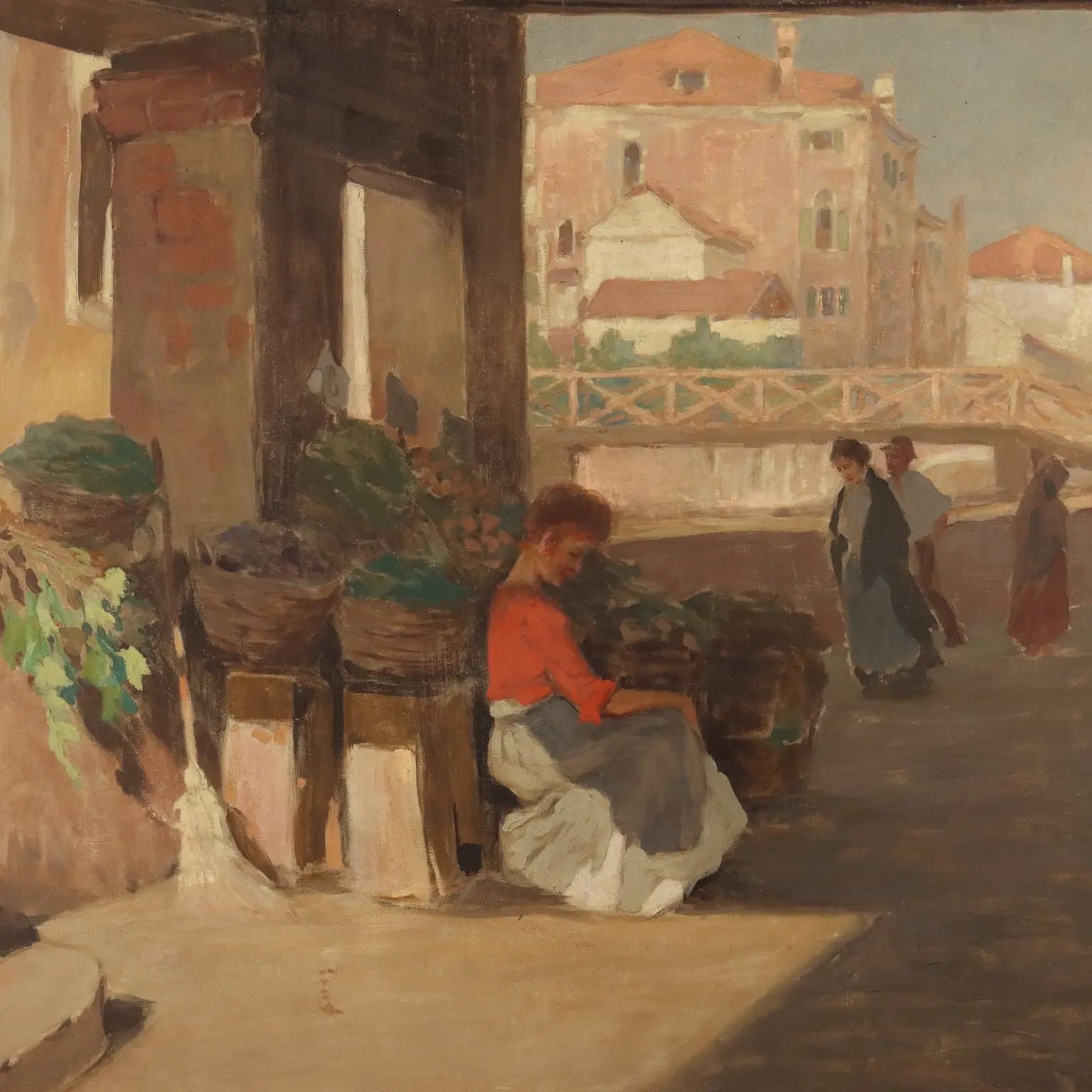 Modern Painting Signed Paolo Baroni Glimpse of a Village XX Century - Glimpse of a Village with a Fruit Seller | Art | 20th Century