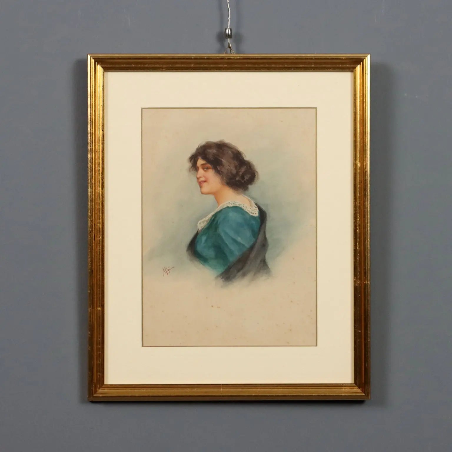 Modern Painting Female Portrait Signed V. Migliaro Watercolor 800 - Female Portrait | Art | 20th Century
