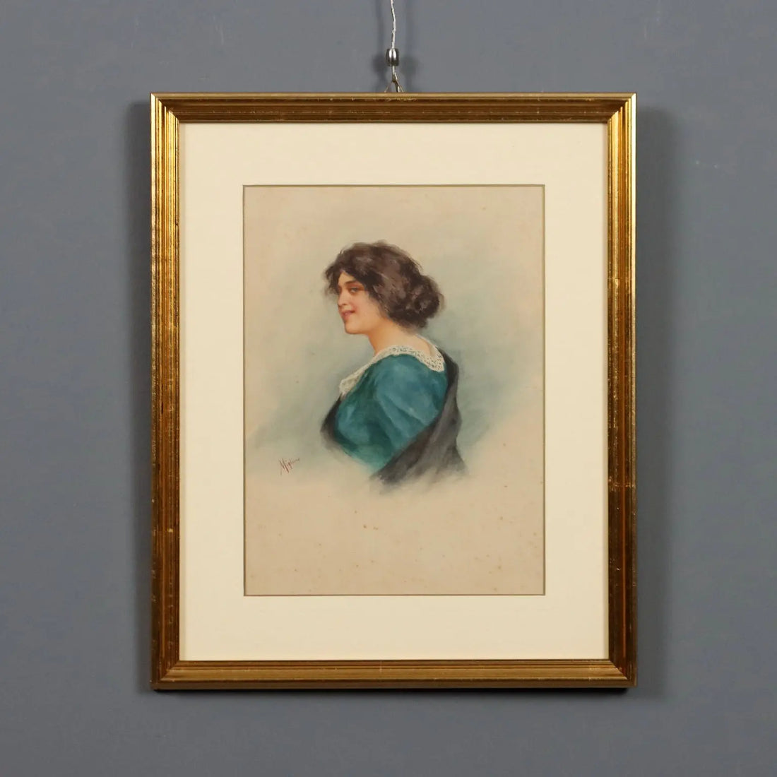 Modern Painting Female Portrait Signed V. Migliaro Watercolor 800 - Female Portrait | Art | 20th Century
