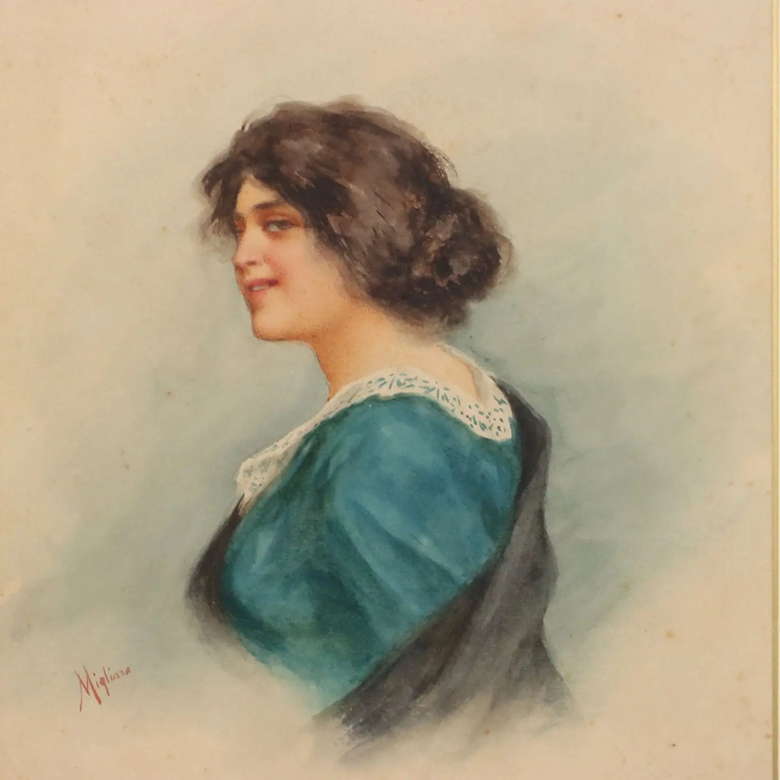 Modern Painting Female Portrait Signed V. Migliaro Watercolor 800 - Female Portrait | Art | 20th Century